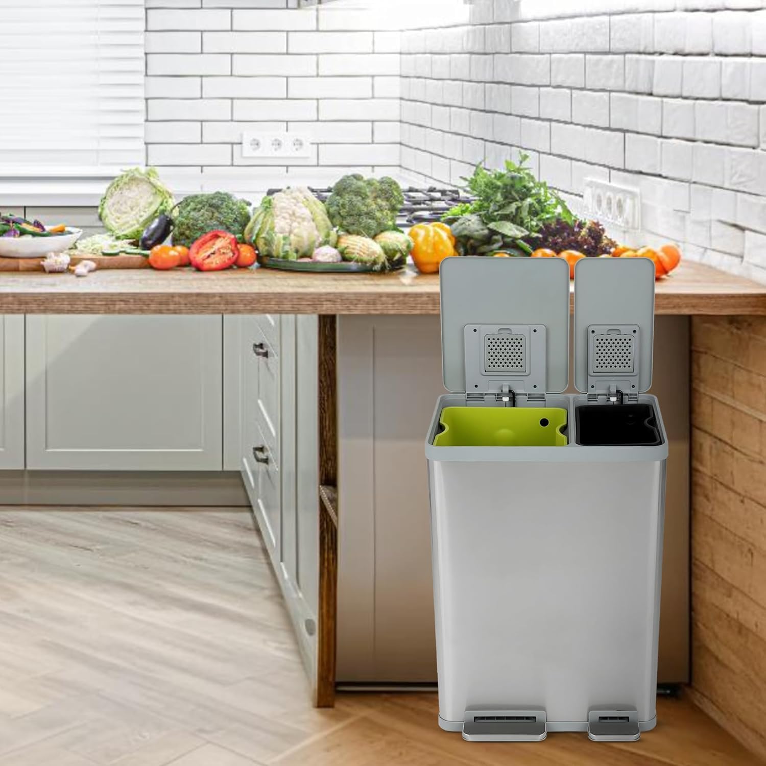 Simpli-Magic 60 Liter / 16 Gallon Rectangular Hands-Free Dual Compartment Recycling Kitchen Step