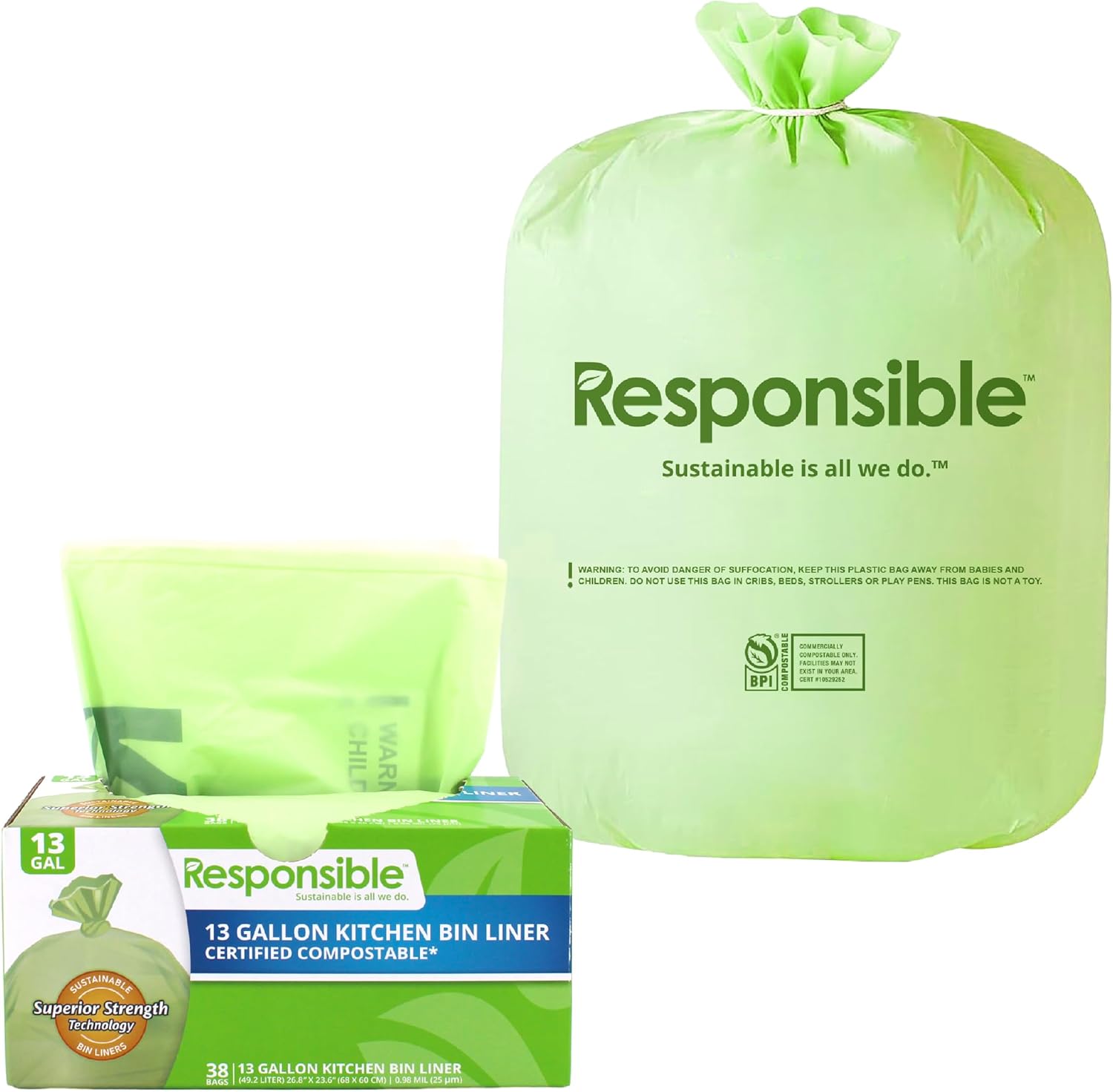 Responsible Products Kitchen Bin Liners, Certified Compostable, Heavy Duty Multipurpose Food Scrap