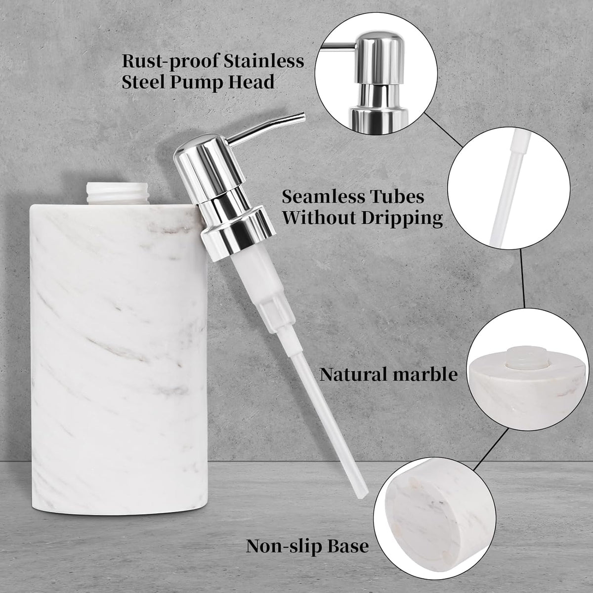 Marble Soap Dispenser with Stainless Steel Pump, White Hand Liquid Soap Dispenser, 6 Ounces for