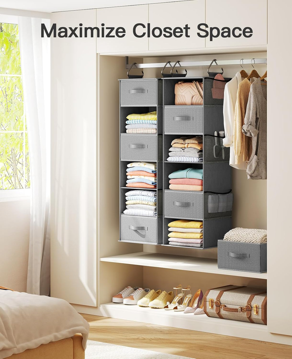 Pipishell Hanging Closet Organizer 6-Shelf, Hanging Shelves for Closet with 3 Removable Drawers &