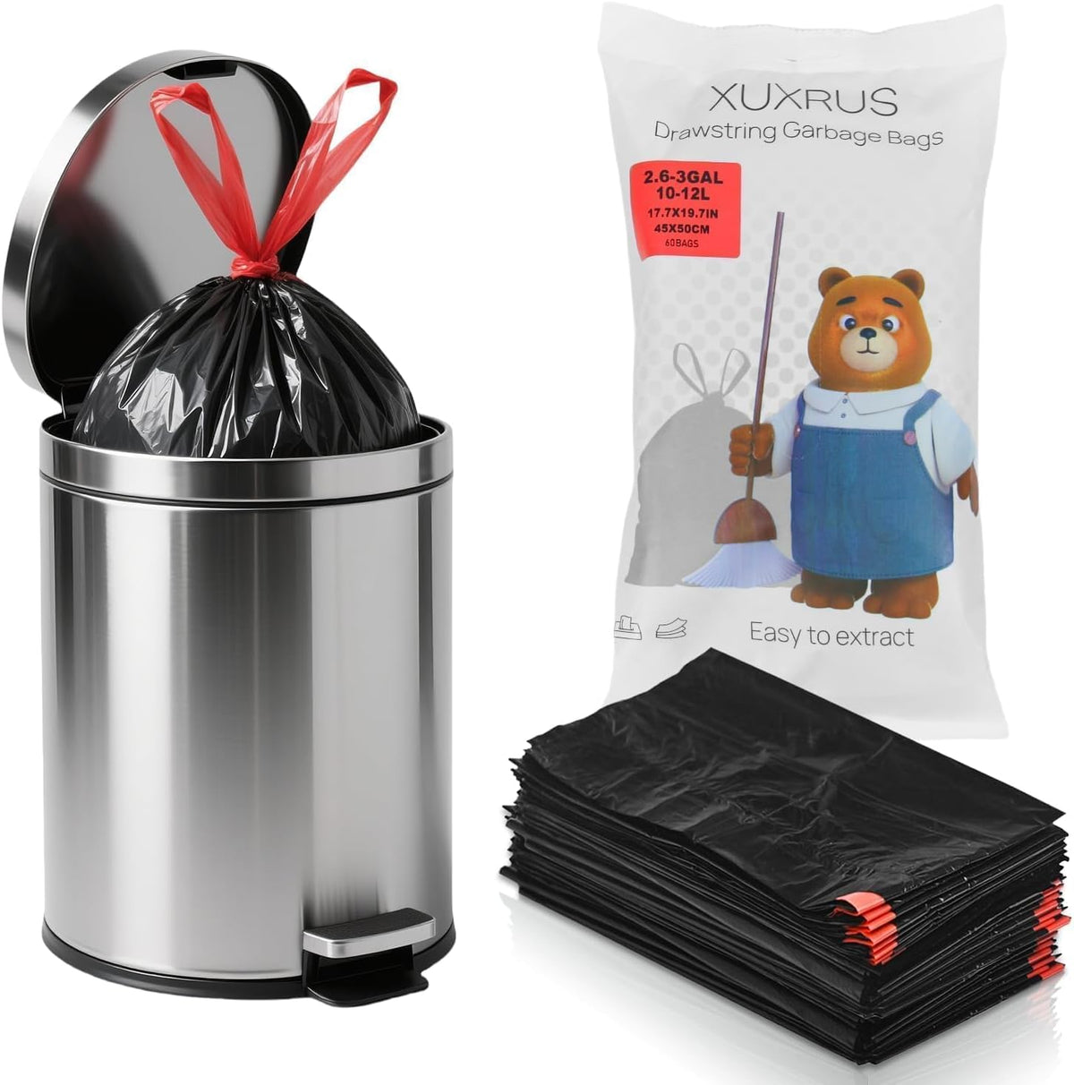 XUXRUS 2.6-3 Gallon Black Bathroom Drawstring Trash Bags - 60 Count Folded Small Garbage Bags