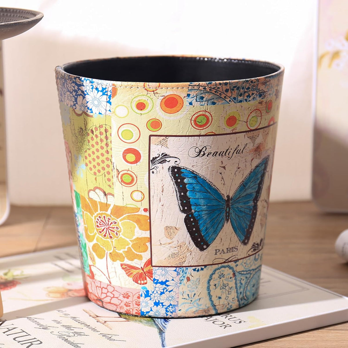 PU Leather Small Trash Can Wastebasket, Round Garbage Container Basket for Bathrooms, Laundry Room