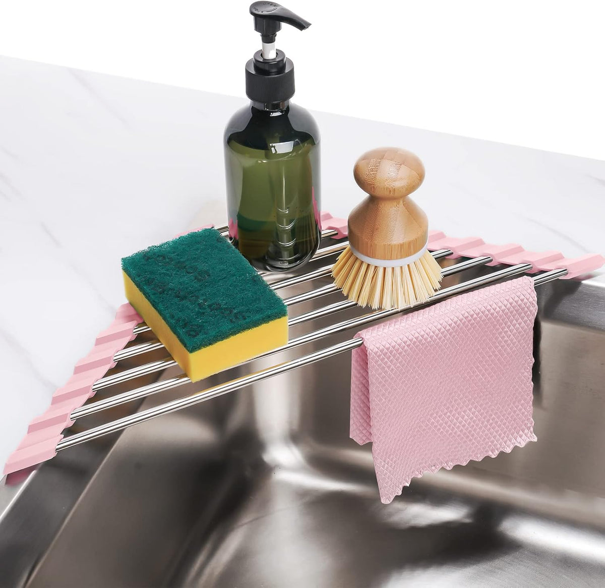 Tomorotec Triangle Foldable Dish Drying Rack, Small Roll-Up Stainless Steel Over Sink Drainer for