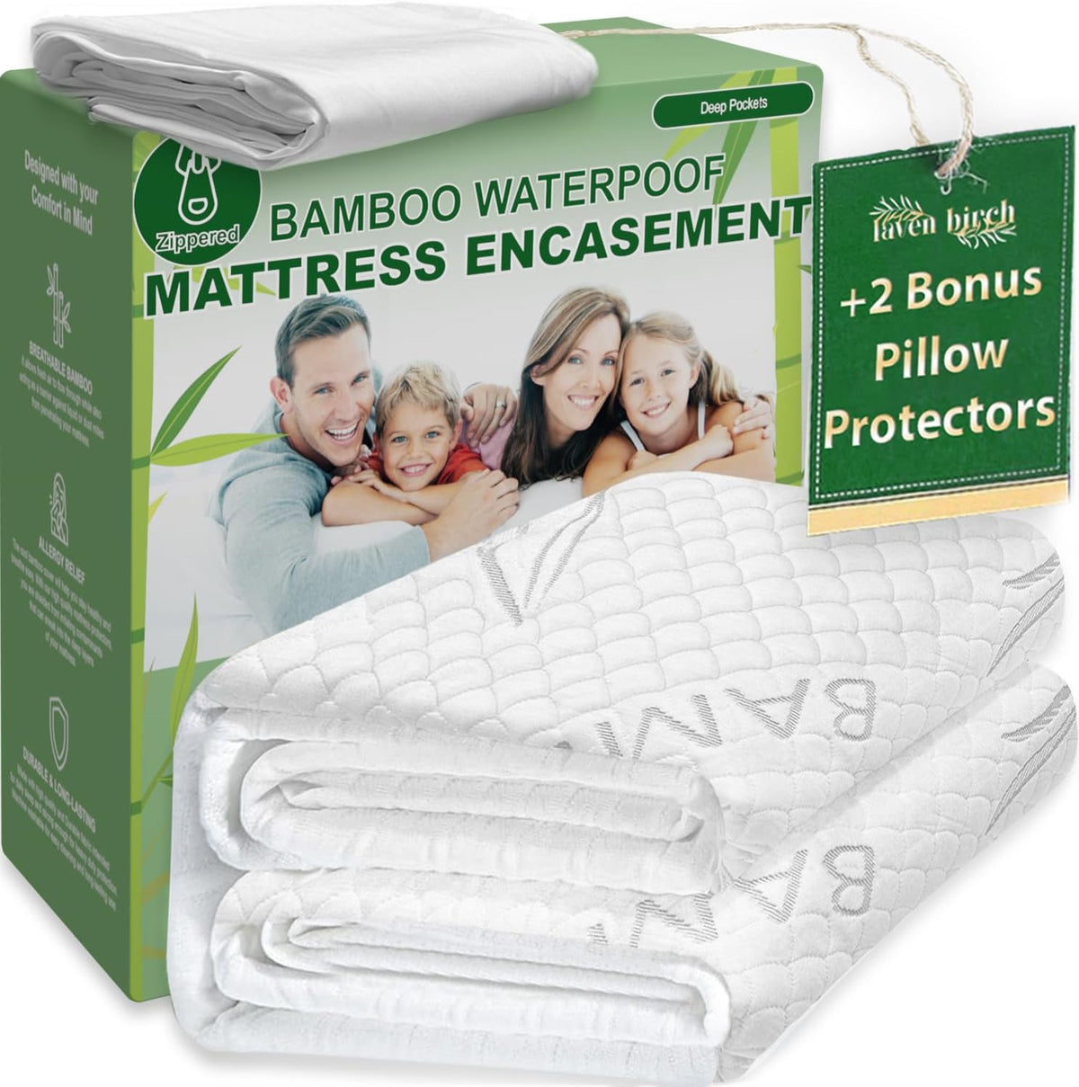 Bamboo Rayon Mattress Protector with Zipper + 2 Pillow Protectors - 100% Waterproof Cooling Cal