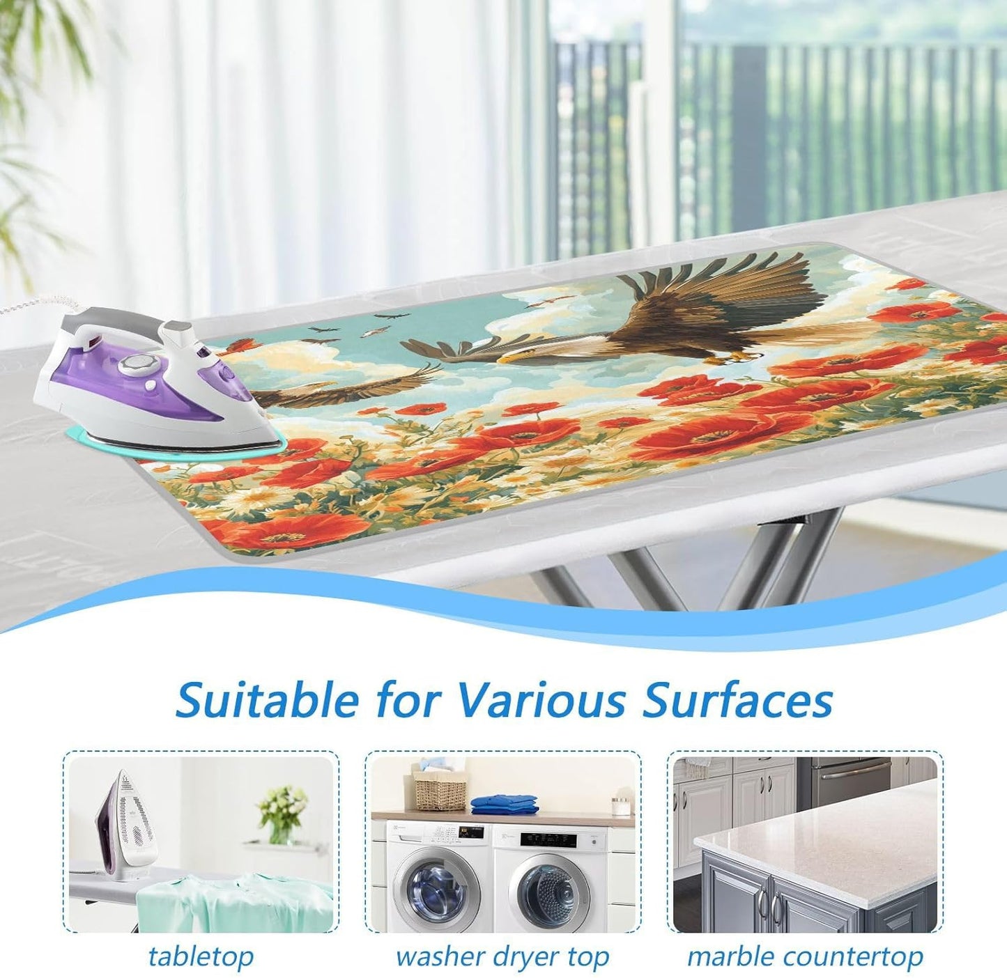 Vivid Poppy Wildflowers and Eagles Ironing Mat Thickened Ironing Blanket Travel Portable