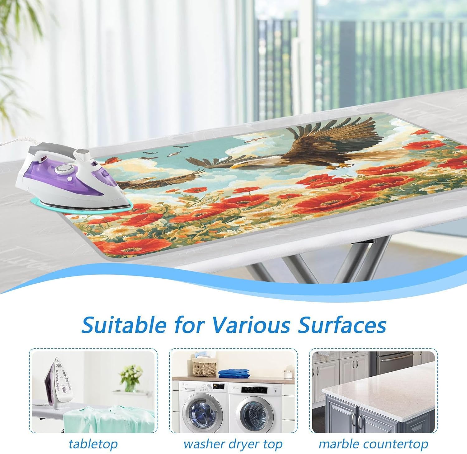 Vivid Poppy Wildflowers and Eagles Ironing Mat Thickened Ironing Blanket Travel Portable