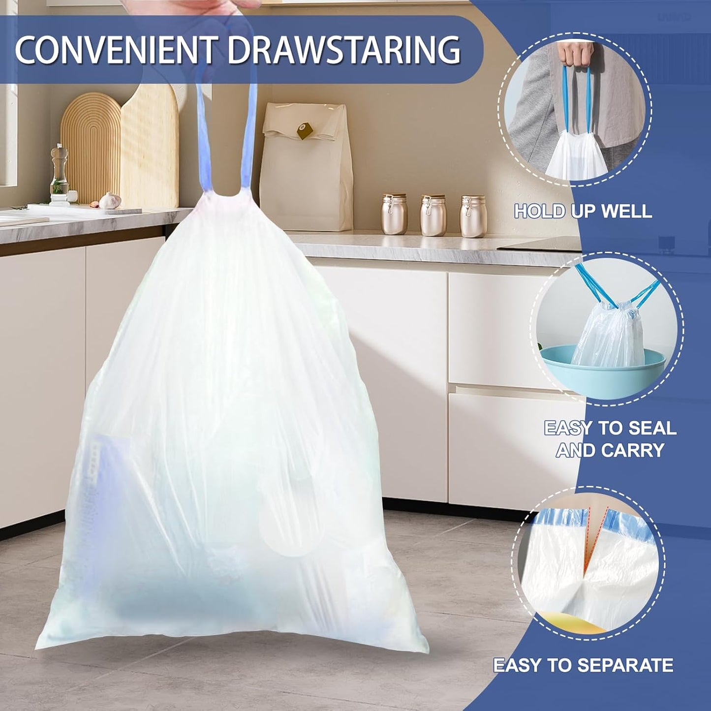 240 Count 6 Gallon Trash Bags Drawstring - Medium Garbage Bags 1.1 Mil,22.5 Liter Strong Plastic
