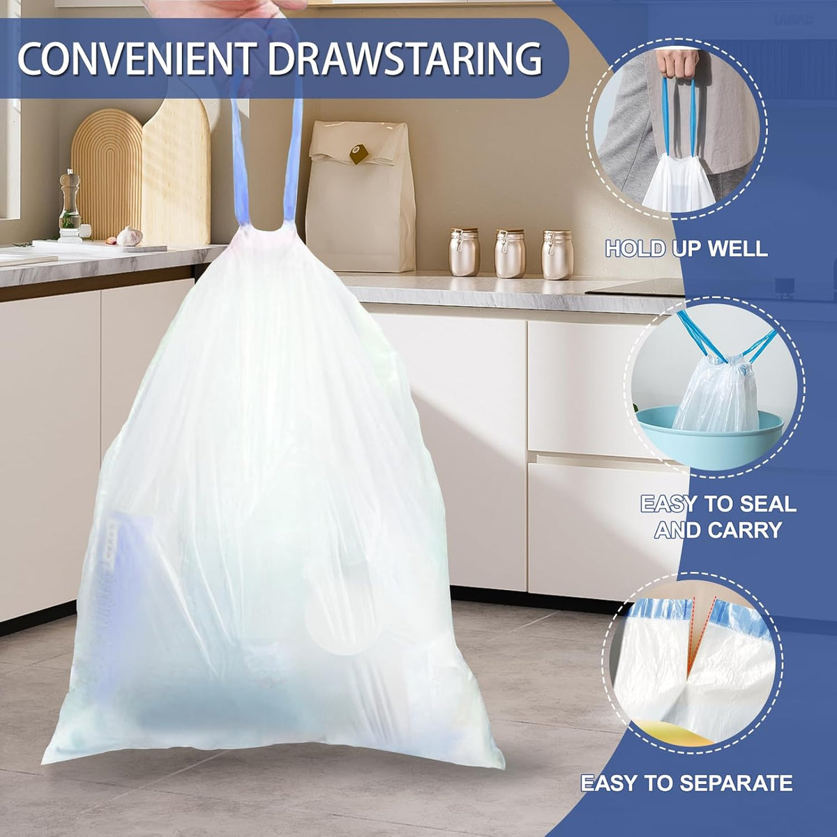 240 Count 2 Gallon Trash Bags Drawstring - Thick Small Garbage Bags Unscented,0.96 Mil White Mini