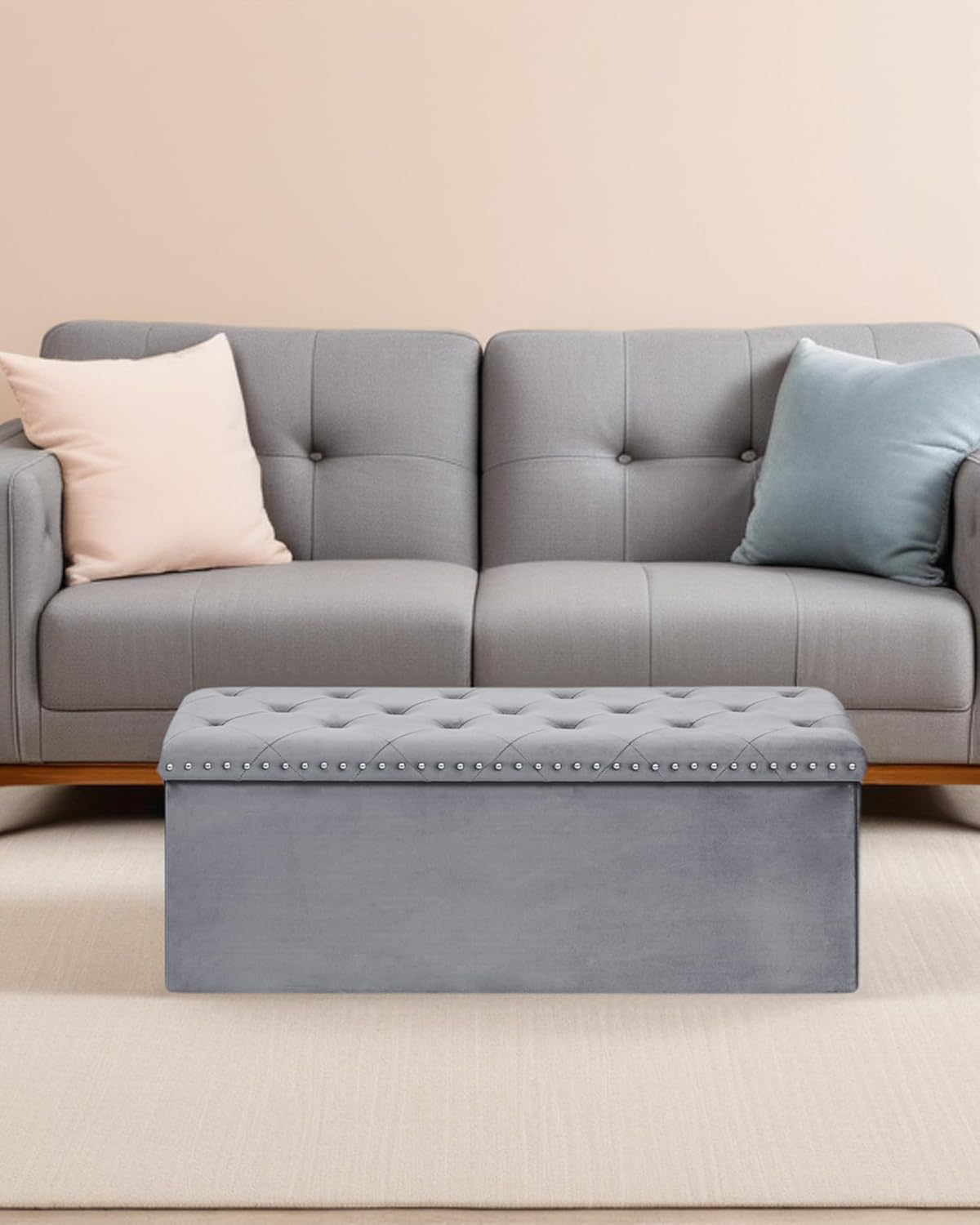 Velvet Storage Ottoman Bench, 43.3" Folding Ottoman with Rivet Trim, Heavy-Duty Upholstered