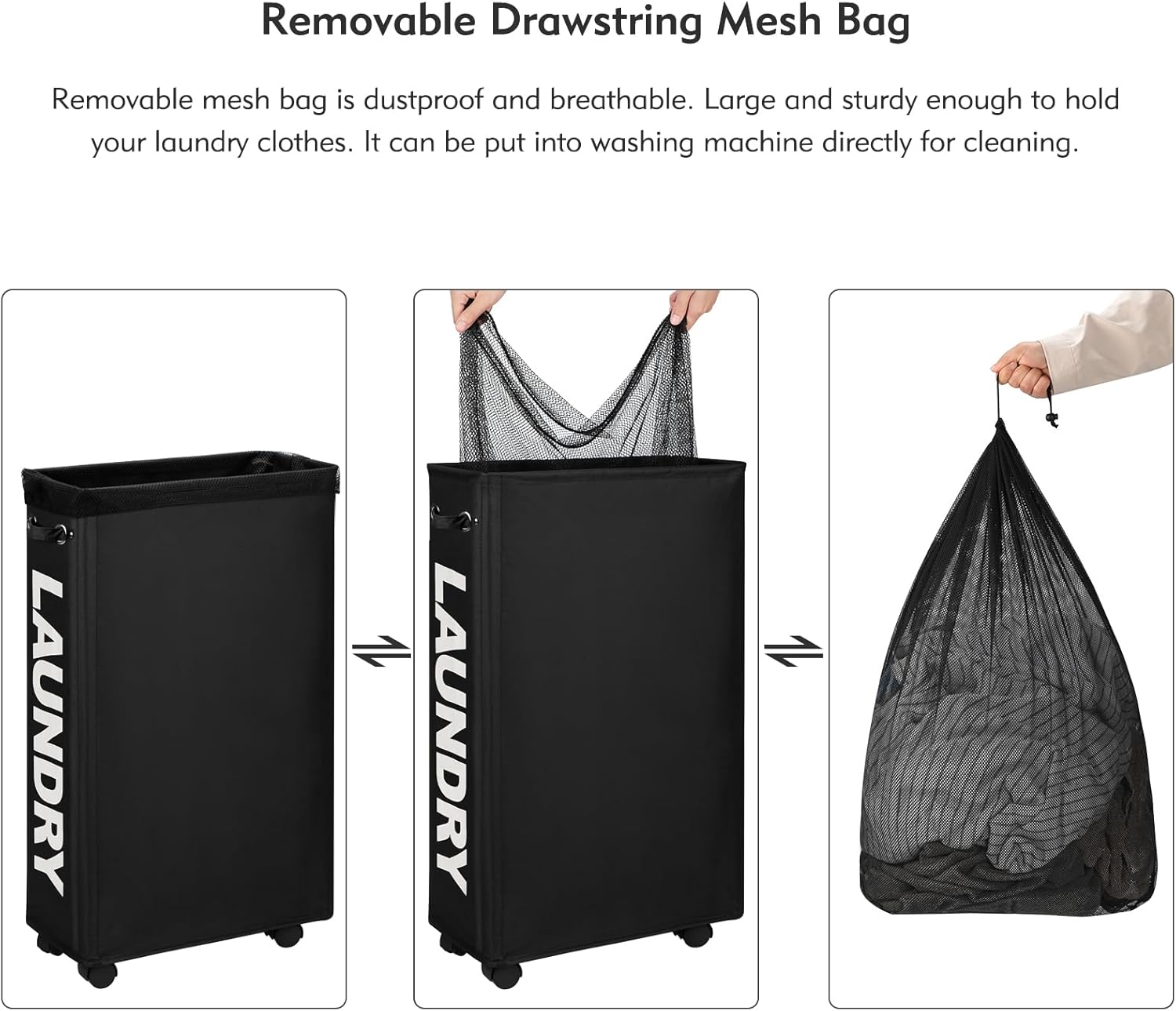 DOKEHOM 29-Inches Enlarged Slim Laundry Basket with Removable Wash Bag on Wheels, Collapsible