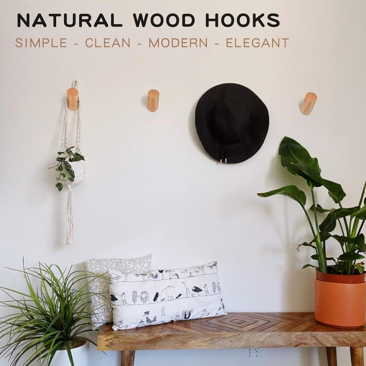 Wood Hooks, 3 Pack Wall Hooks Heavy Duty Rustic Coat Hooks Wall Mounted, Decorative Hooks for