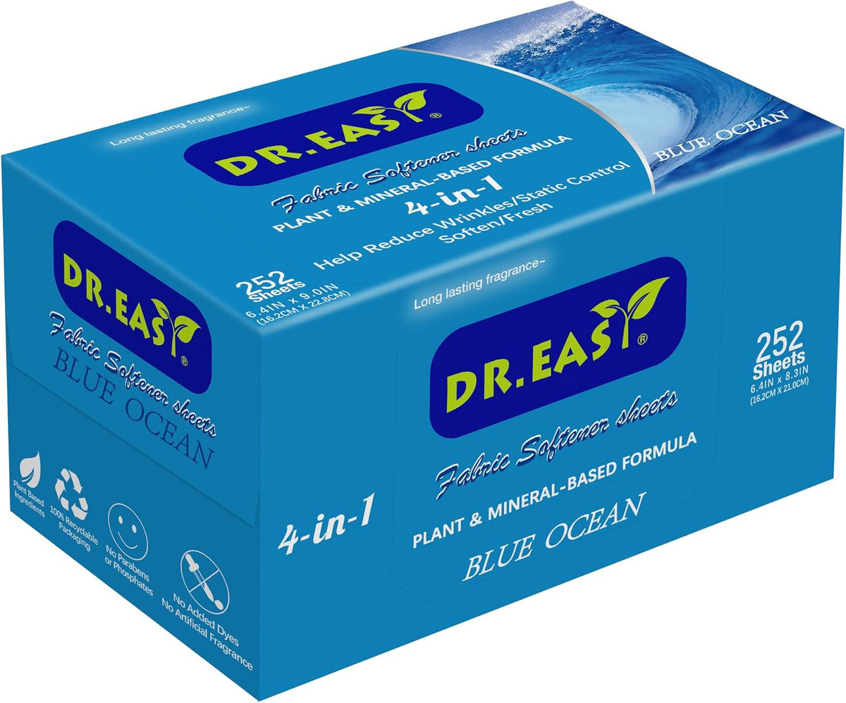 DR.EASY Dryer Sheets Plant Based Formula 252 Ct BLUE OCEAN,Softener sheets for Laundry Unscented No