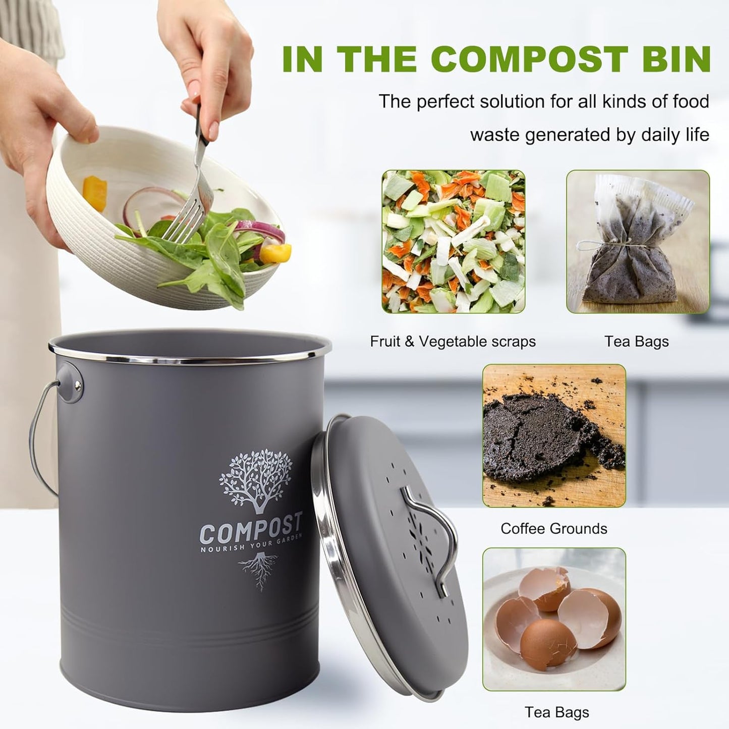 Kitchen Countertop Compost Bin, Odor Resistant Indoor Compost Bin with Lid and Charcoal Filter