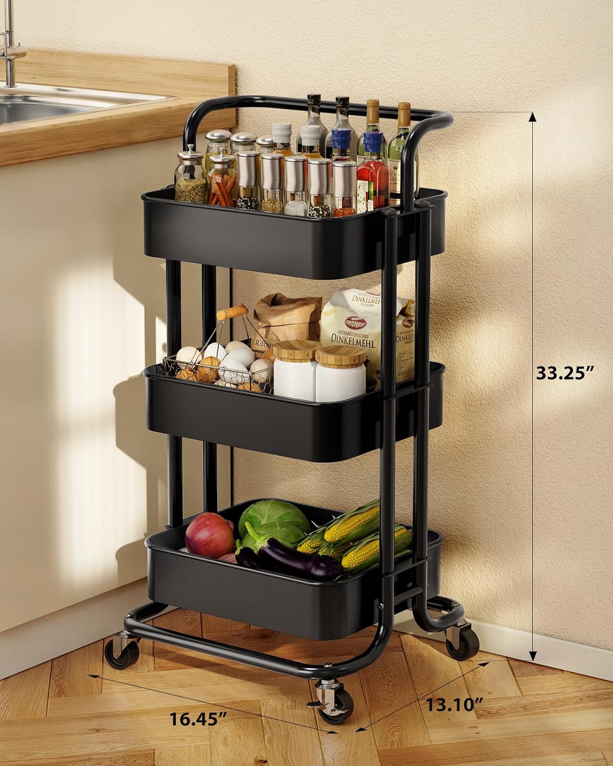 Pipishell 3 Tier Mesh Utility Cart, Rolling Metal Organization Cart with Handle and Lockable