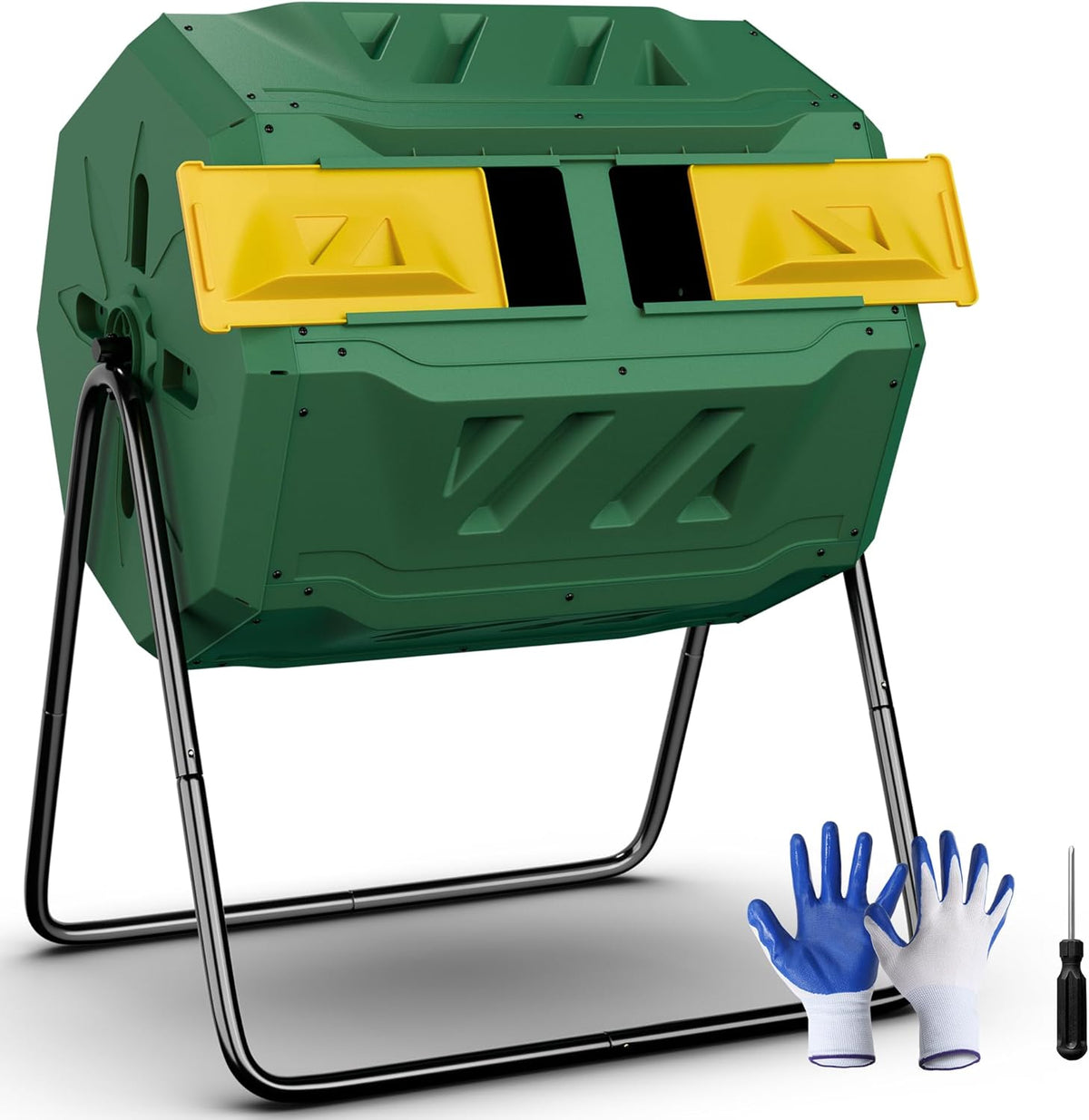 43 Gallon Outdoor Dual Chamber Tumbling Composter - BPA Free, Rotating Compost Bin with Sliding