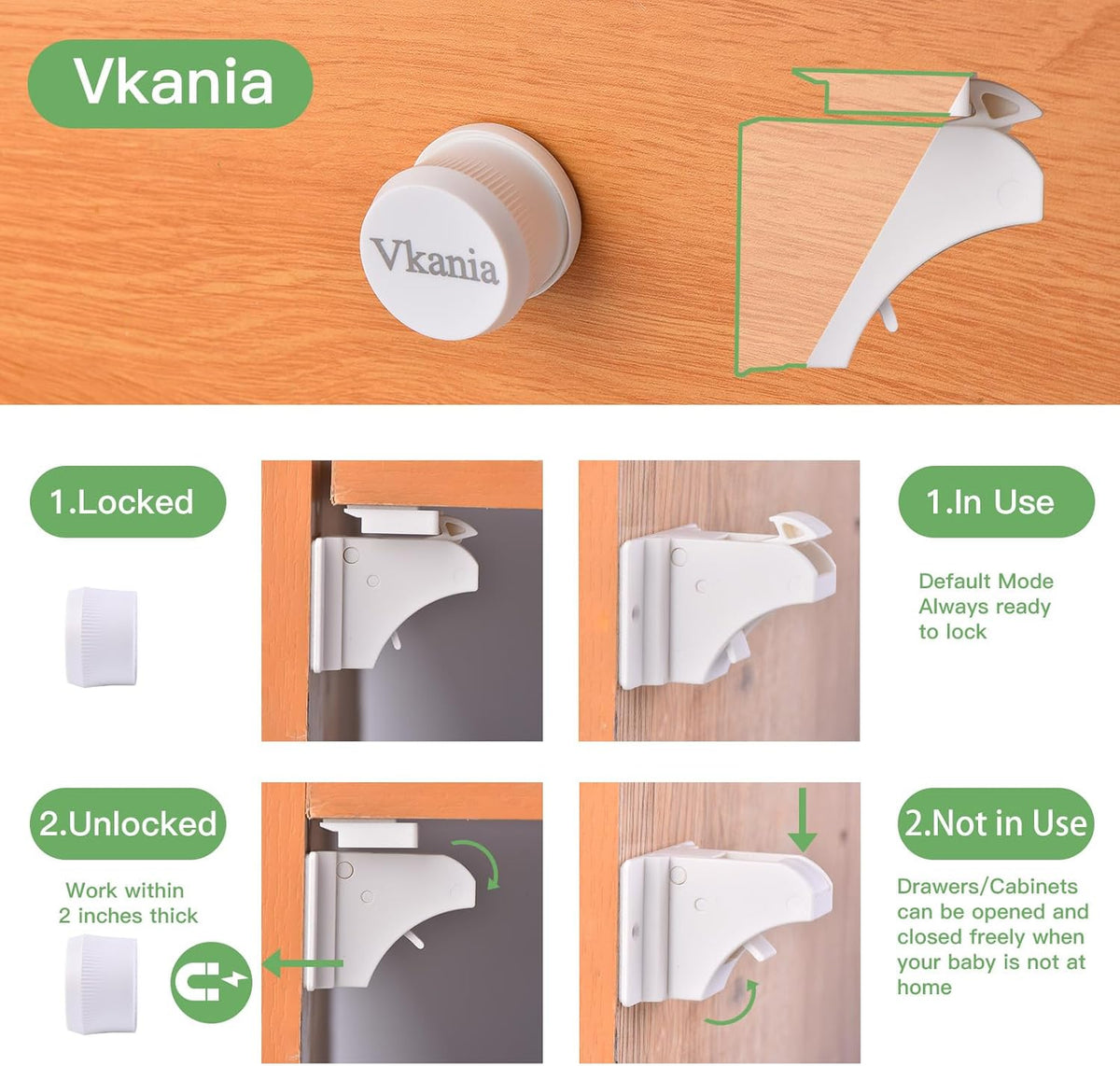 2 Pack Vkania Magnetic Cabinet Locks Keys - Extra Stronger Baby Proofing Magnet Drawer Replacement