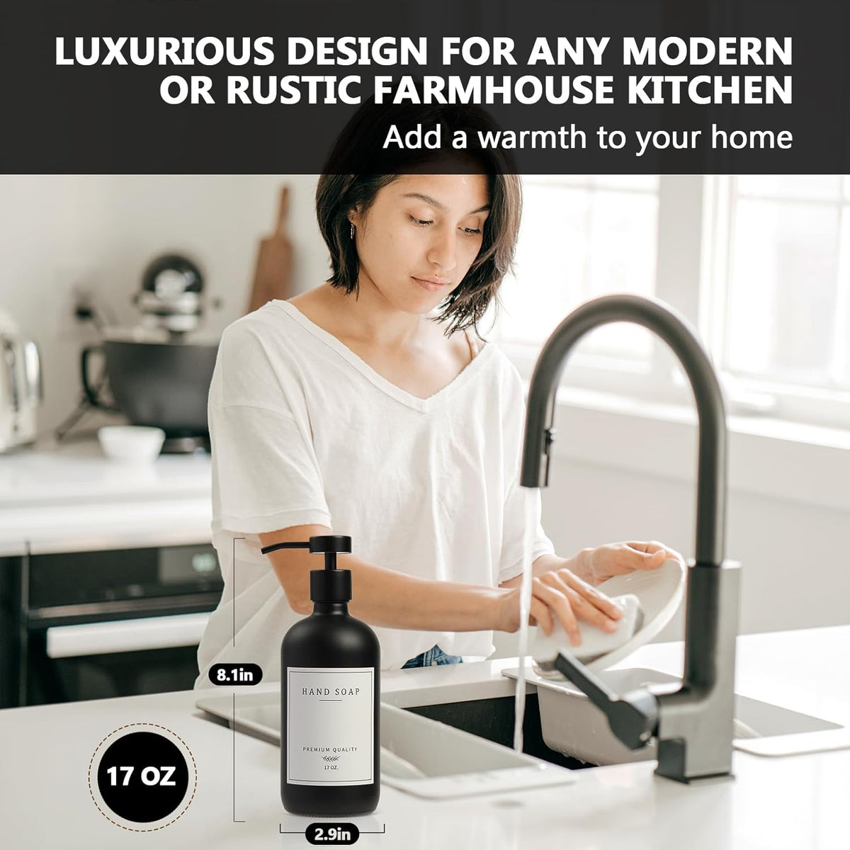 Black Soap Dispenser - Kitchen Hand Dish Soap Dispenser, Glass Bathroom Soap Lotion Dispenser with