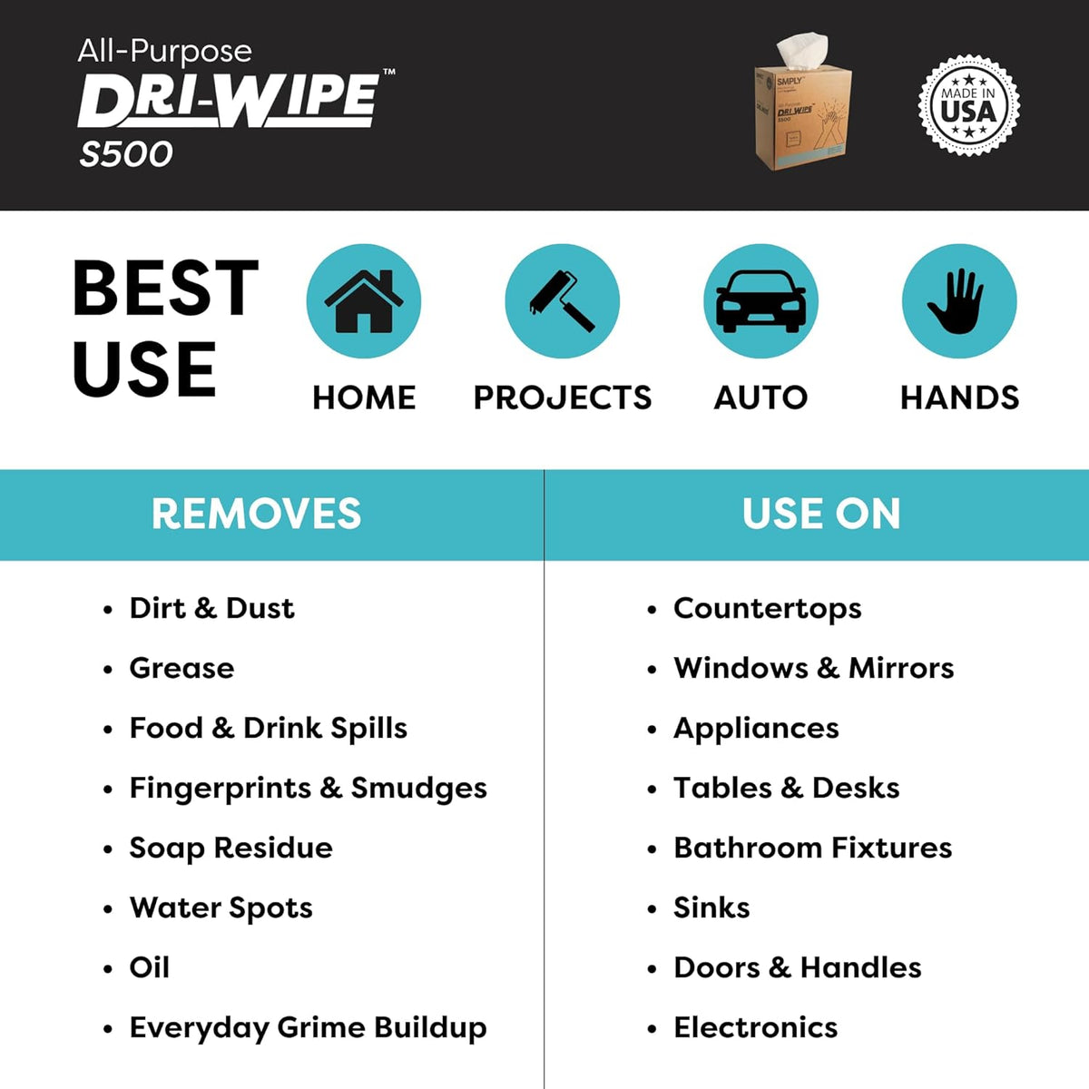 Dri-Wipe S500 by SMPLY Brands – All-Purpose Disposable Wipes, 10 Boxes of 176 (1,760 Total Wipes)