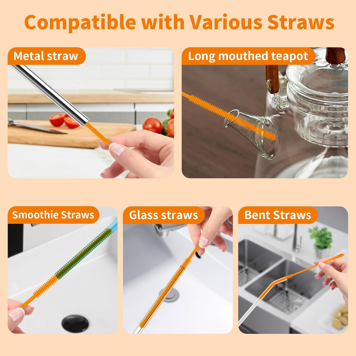2Pcs Silicone Straw Cleaner Brush, 9.84in Reusable Straw Cleaner with Bendable Steel Core, Extra