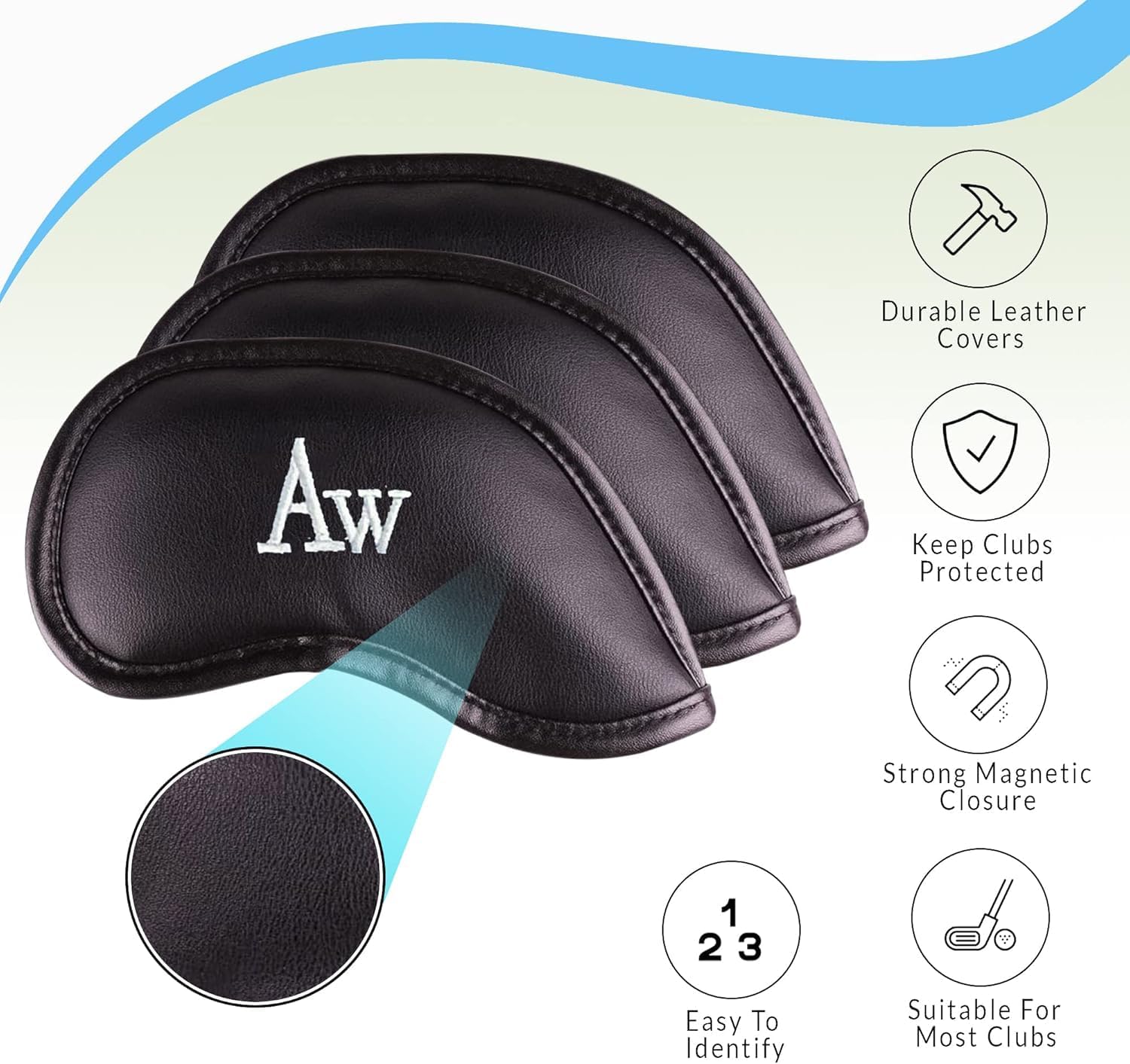 Premium Magnetic Leather Iron and Wedge Golf Club Head Covers | Set of 10 | Fits Most Clubs |