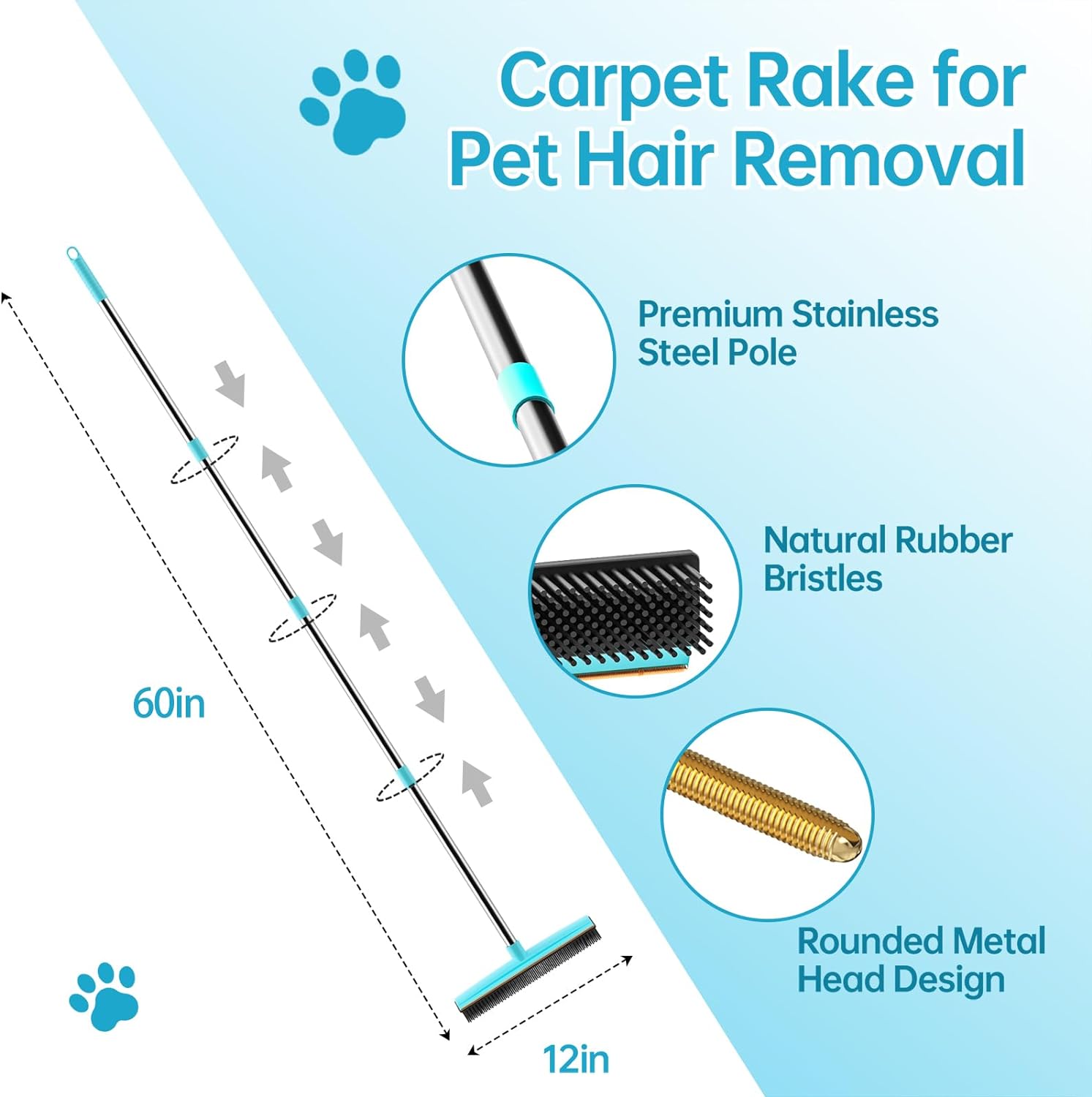 Carpet Rake - 60" Long Handle Pet Hair Removal with Metal Fabric Edge Design,Carpet Broom,Carpet