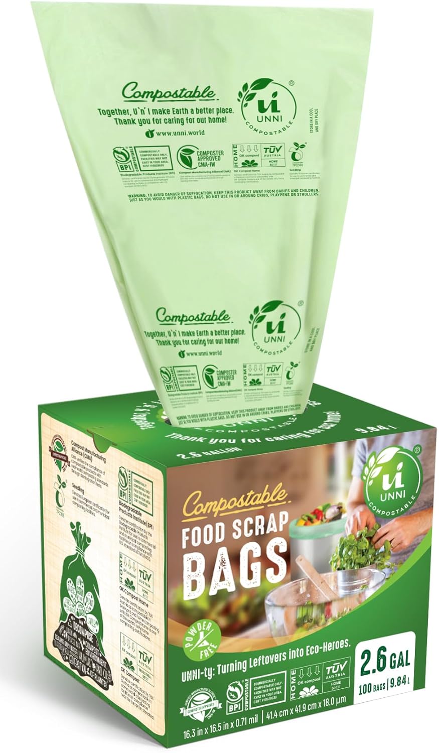 UNNI Compostable Trash Bags, 2.6 Gallon / 9.84 Liter, 100 Count, Extra Thick 0.71 Mil Small Kitchen