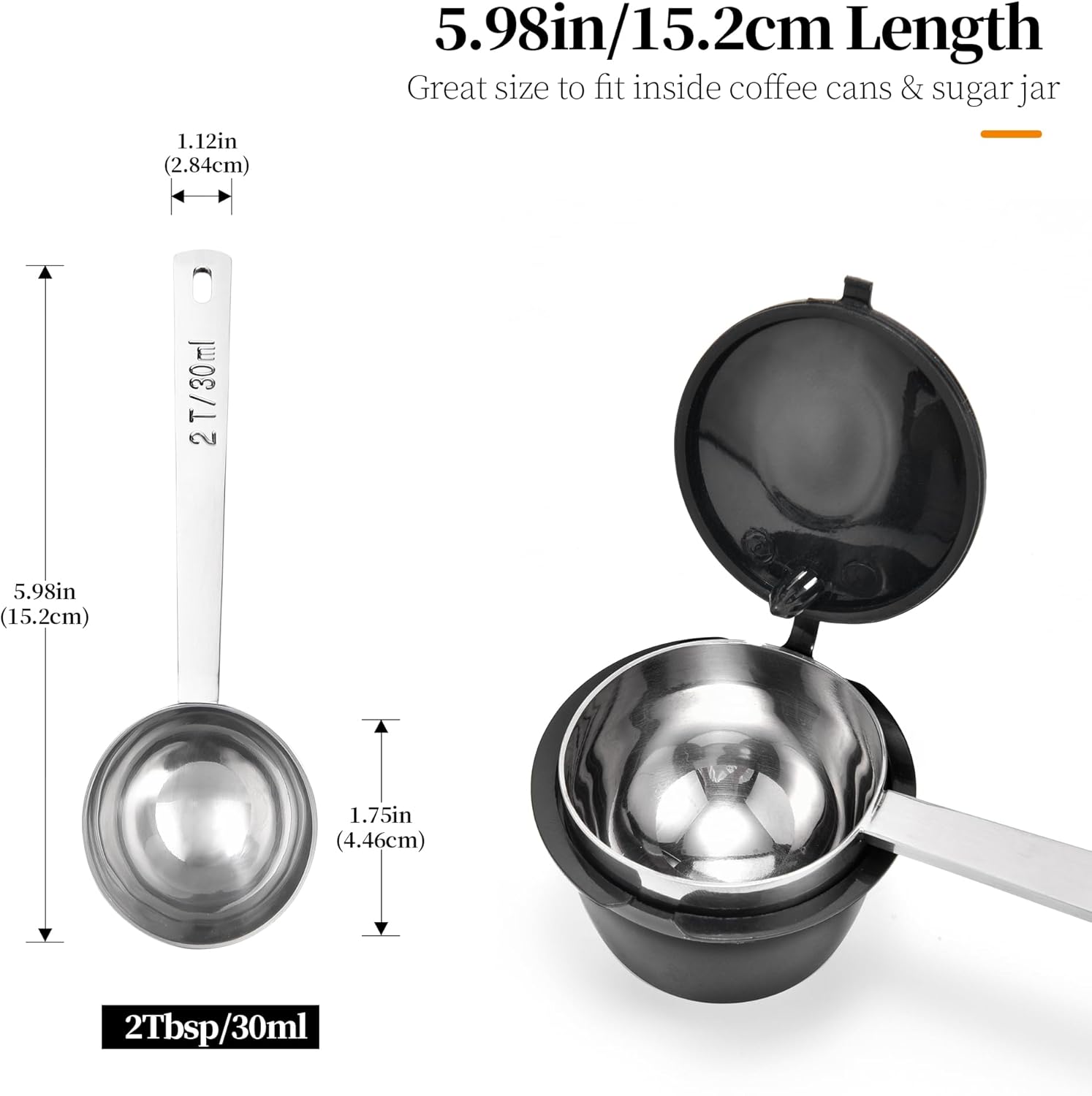 Long Handle Coffee Scoop: 5.98 Inch 18/8 Stainless Steel 2 Tablespoon Metal Measuring Spoon Tbsp
