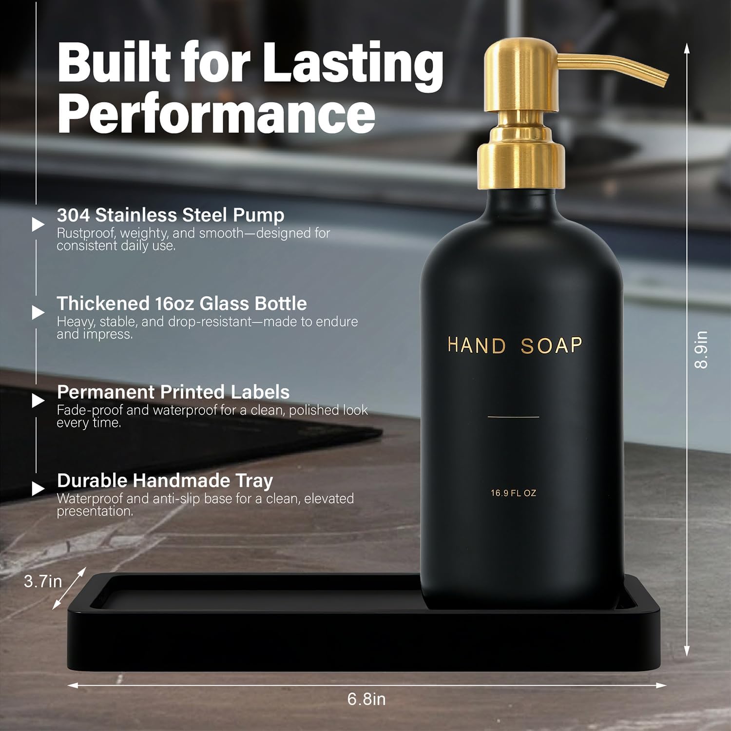 Black Soap Dispenser for Kitchen Sink, Hand and Dish Soap Dispenser with Stainless Steel Pump