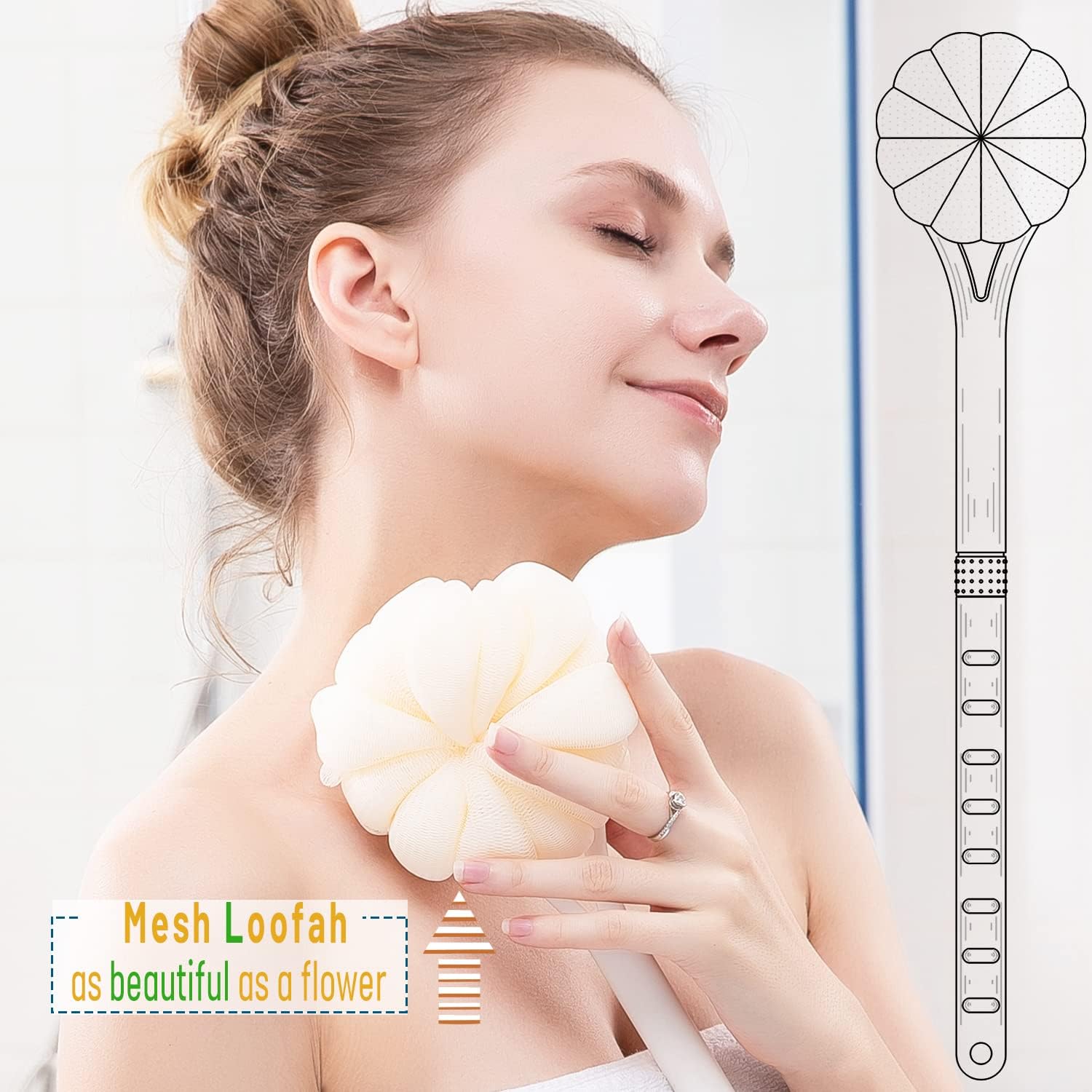 Shower Body Brush,Soft Bristles and Beautiful Pumpkin Loofah 14” Long Handle Back Scrubber Bath