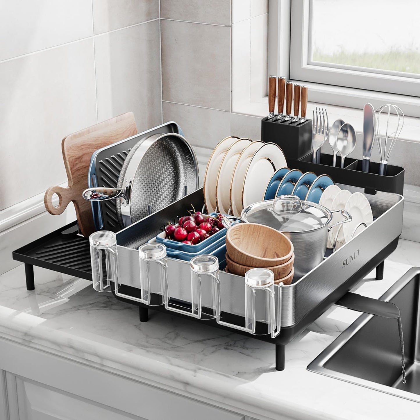 SUNLY Large Dish Drying Rack, Expandable Dish Racks for Kitchen Counter, Space Saving 304 Stainless