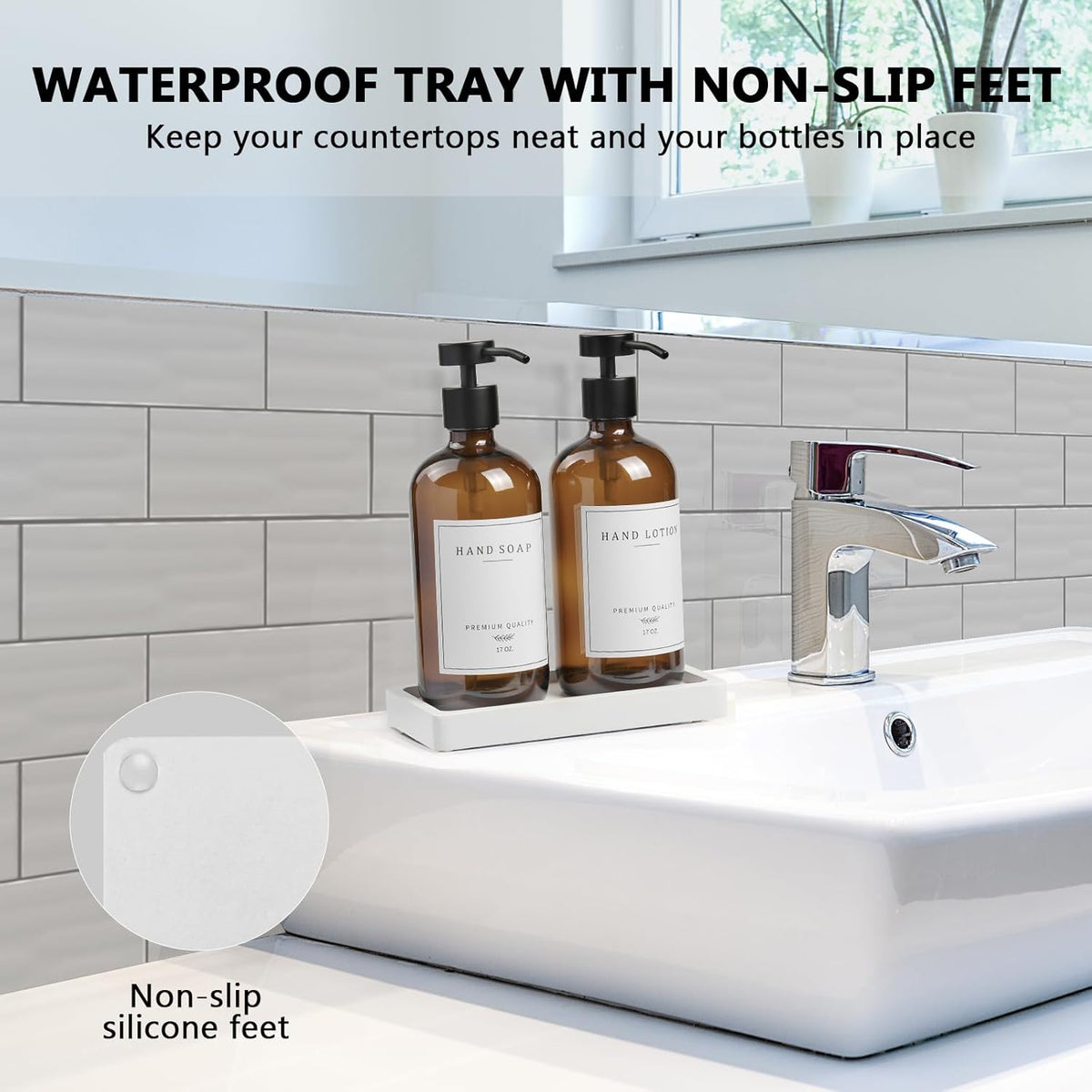 Amber Glass Soap Dispenser - Dish Hand Soap Dispenser for Kitchen, Bathroom Soap Lotion Dispenser