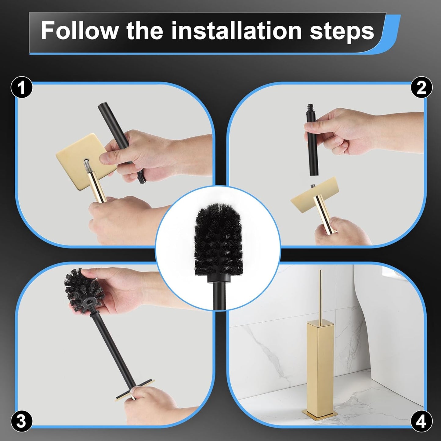 BVL Toilet Brush and Holder Set Gold Stainless Steel 304 Square Freestanding Toilet Brush for