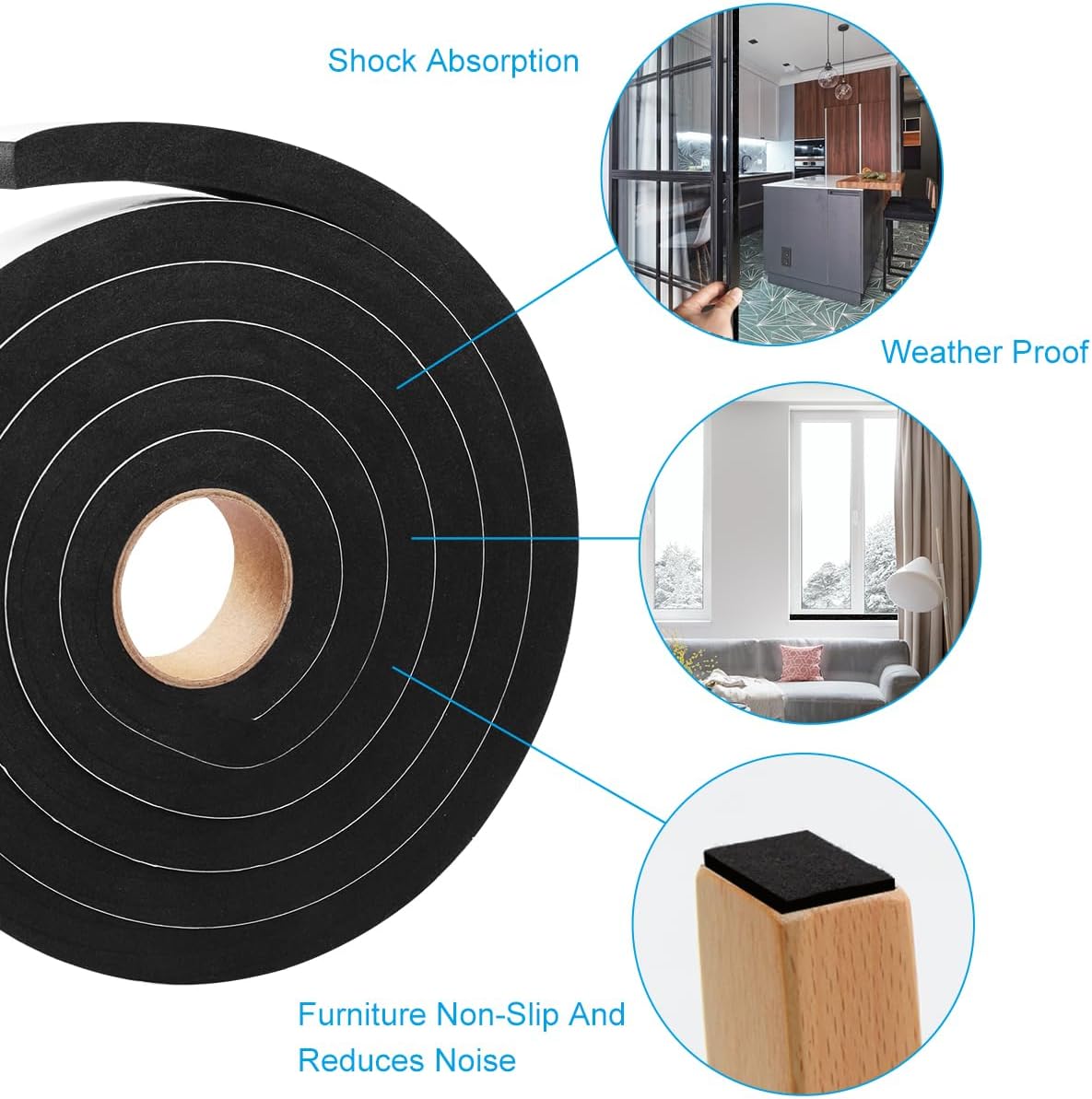 Seal Foam Tape, 2 Rolls 1/2 Inch W x 1/2 Inch T Weather Stripping for Door and Window,High Density