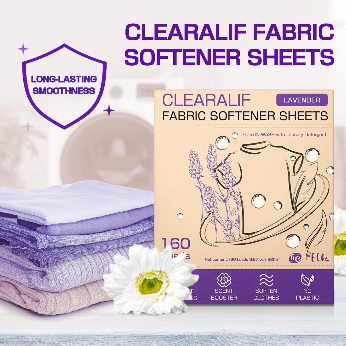CLEARALIF laundry Fabric Softener Sheets, Lavender Scent, 160 Loads, Eco Friendly, Great For