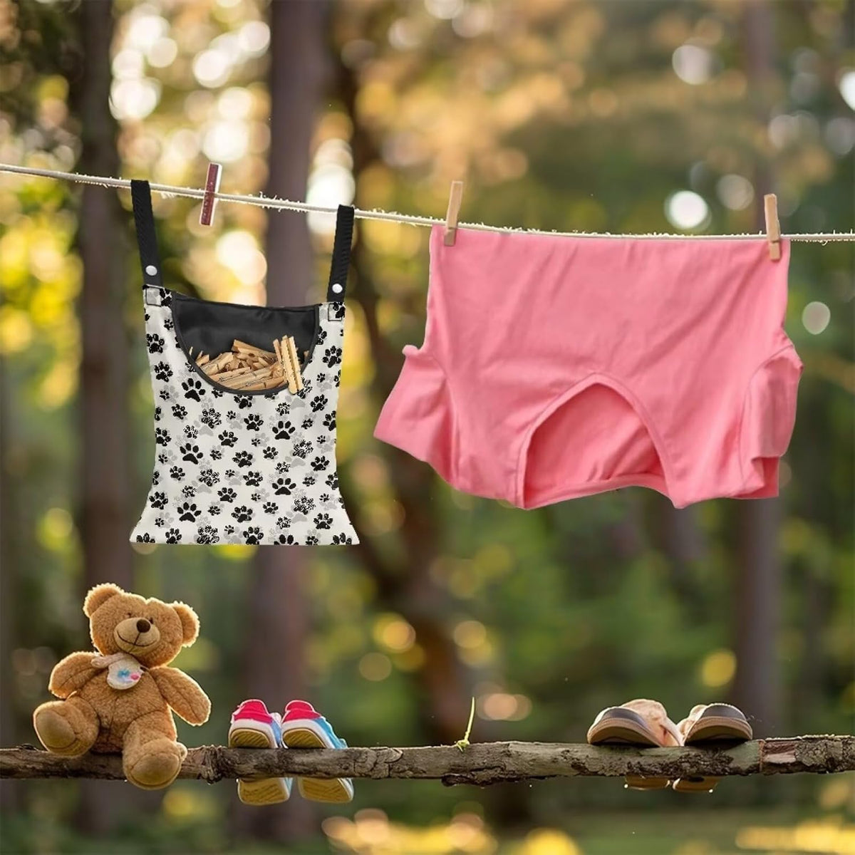 Dog Paw Print Clothespin Bag with Hanging Hook Summer Laundry Clothes Pin Holder Waterproof Clothes