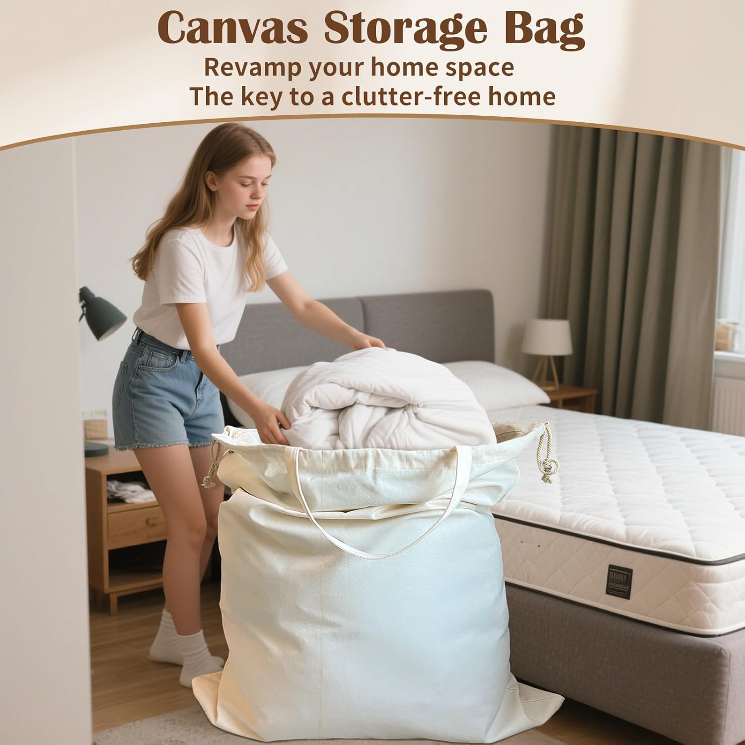 Canvas Laundry Bag 40in x 35in, Thick Cotton Laundry Bag with Handles & Drawstring, Extra Large