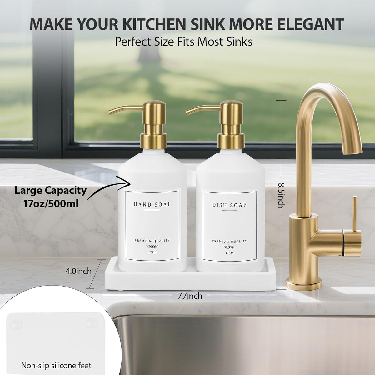 Gold Soap Dispenser Set, Glass Hand and Dish Soap Dispenser Set with Tray,Stainless Pump,14