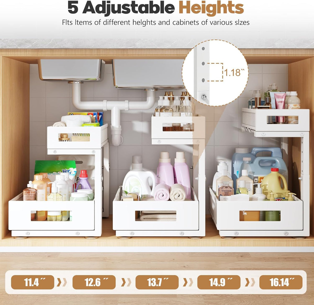 2-Pack Under Sink Storage Organizer, Large 2-Tier Elegant Mesh Pull Out Shelf for Kitchen and