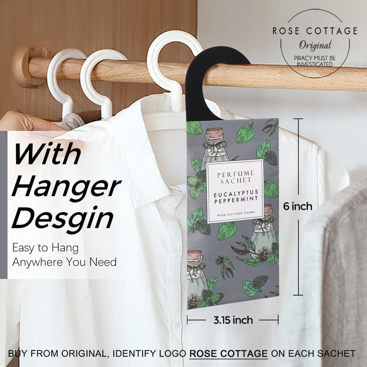 ROSE COTTAGE Large 12 Packs Eucalyptus Peppermint Hanging Closet Air Freshener Scented Sachets Long