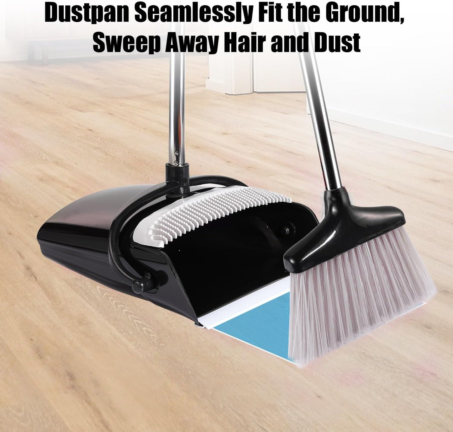 Broom and Dustpan Set with Long Handle and 6 Bonus Cleaning Tools, Upright Standing Combo with