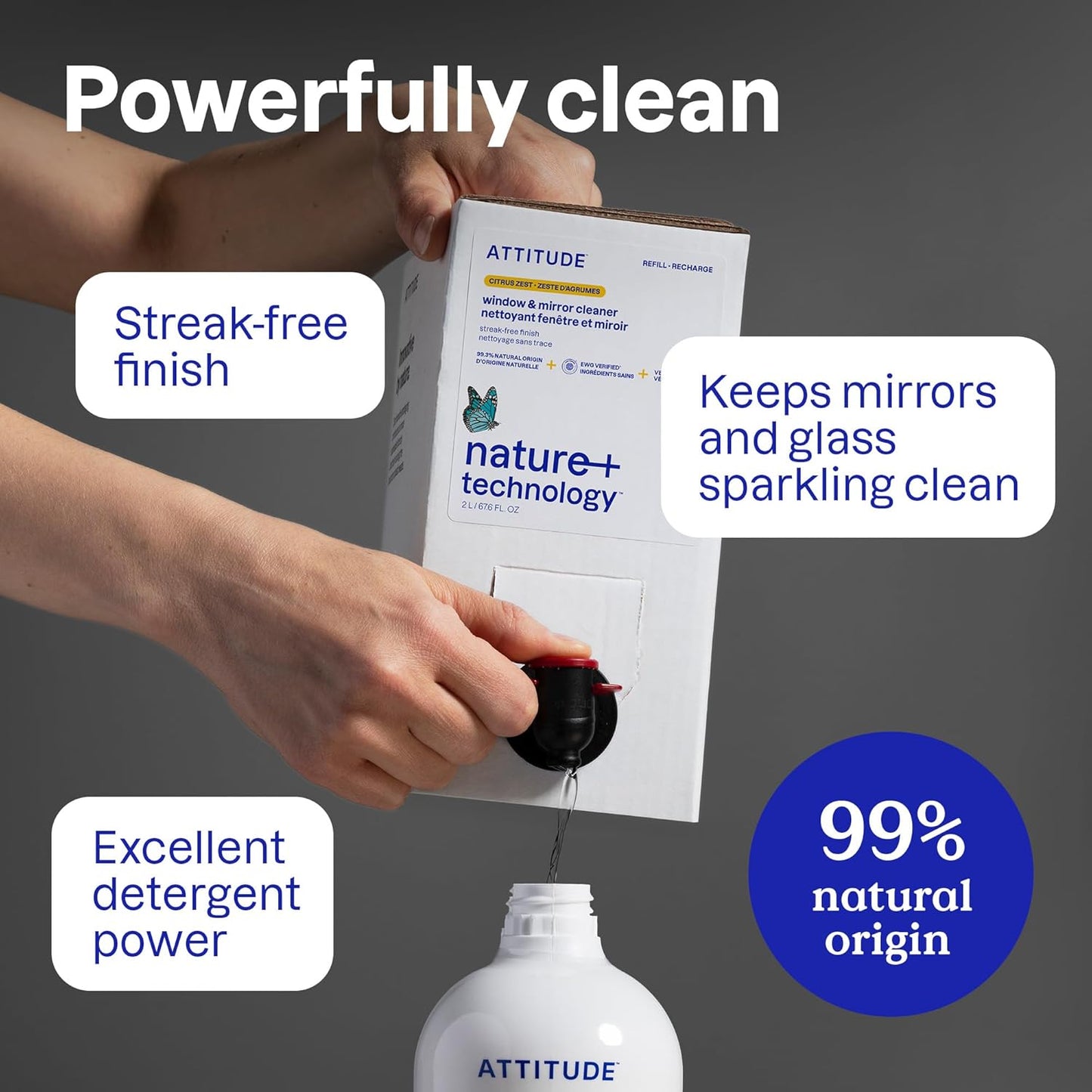 ATTITUDE Window & Mirror Cleaner Refill, EWG Verified, Plant- & Mineral-Based, Vegan & Streak-Free