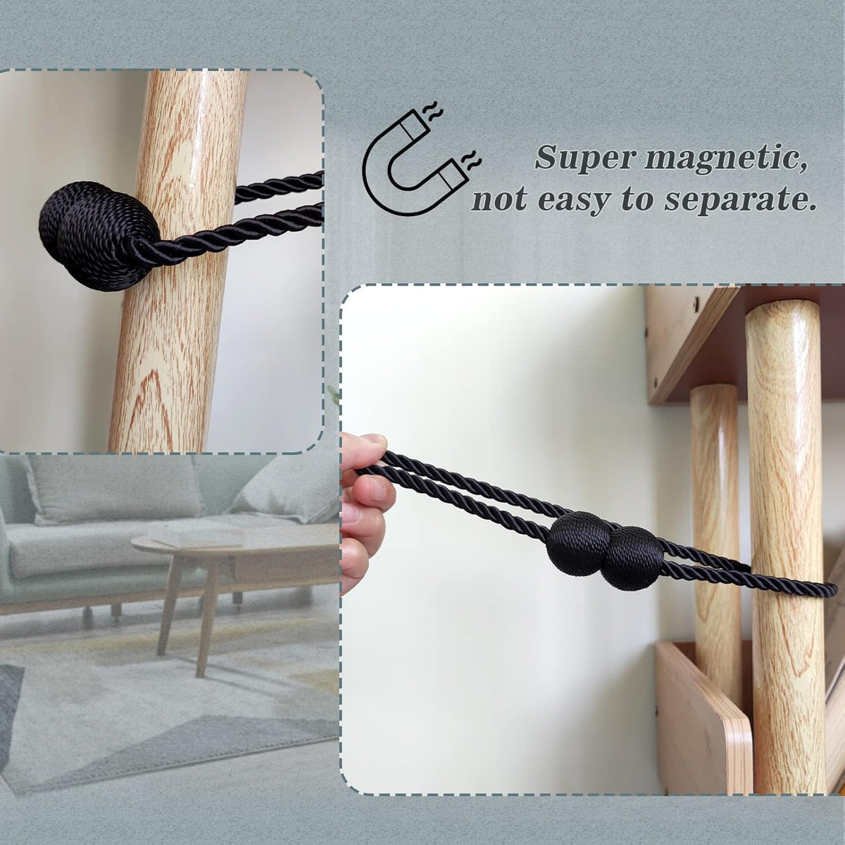 Hion Magnetic Curtain Tiebacks Grey 2pcs, Curtain Tiebacks Buckles Holdbacks Holders Hooks Clip for
