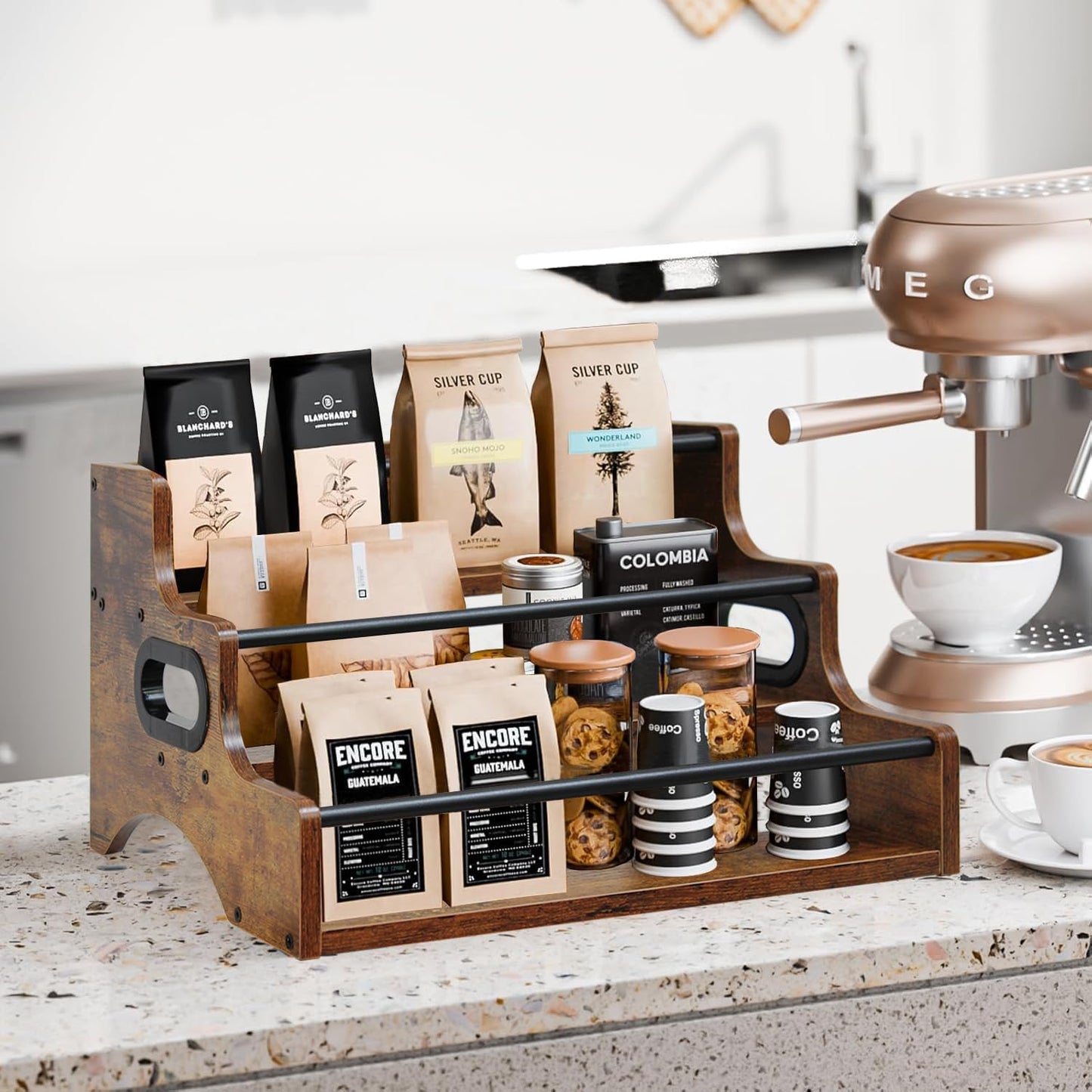 AT-VALY 3-Tier Spice Rack, Iron&MDF Kitchen Storage Shelf, Space-Saving Countertop Organizer for