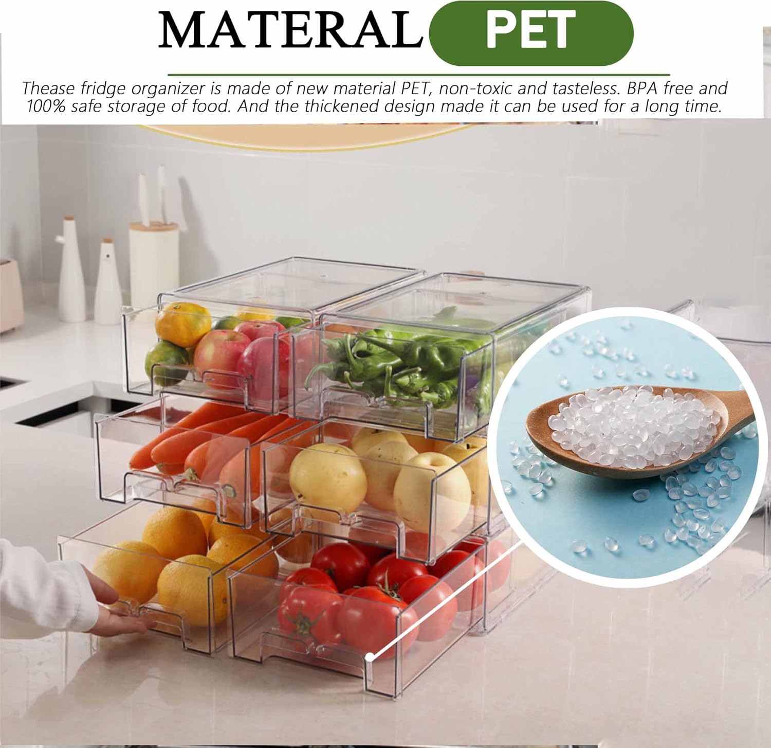 bealy 2 Pack Stackable Clear Storage Drawer,Refrigerator Organizers and Storage Drawer Pull Out