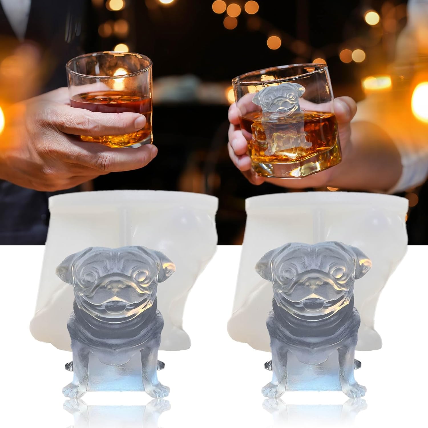3D Pug Dog Ice Cube Silicone Molds Tray for Whiskey, Cocktail, Drink Decor, Bar; Rich Details. Fun