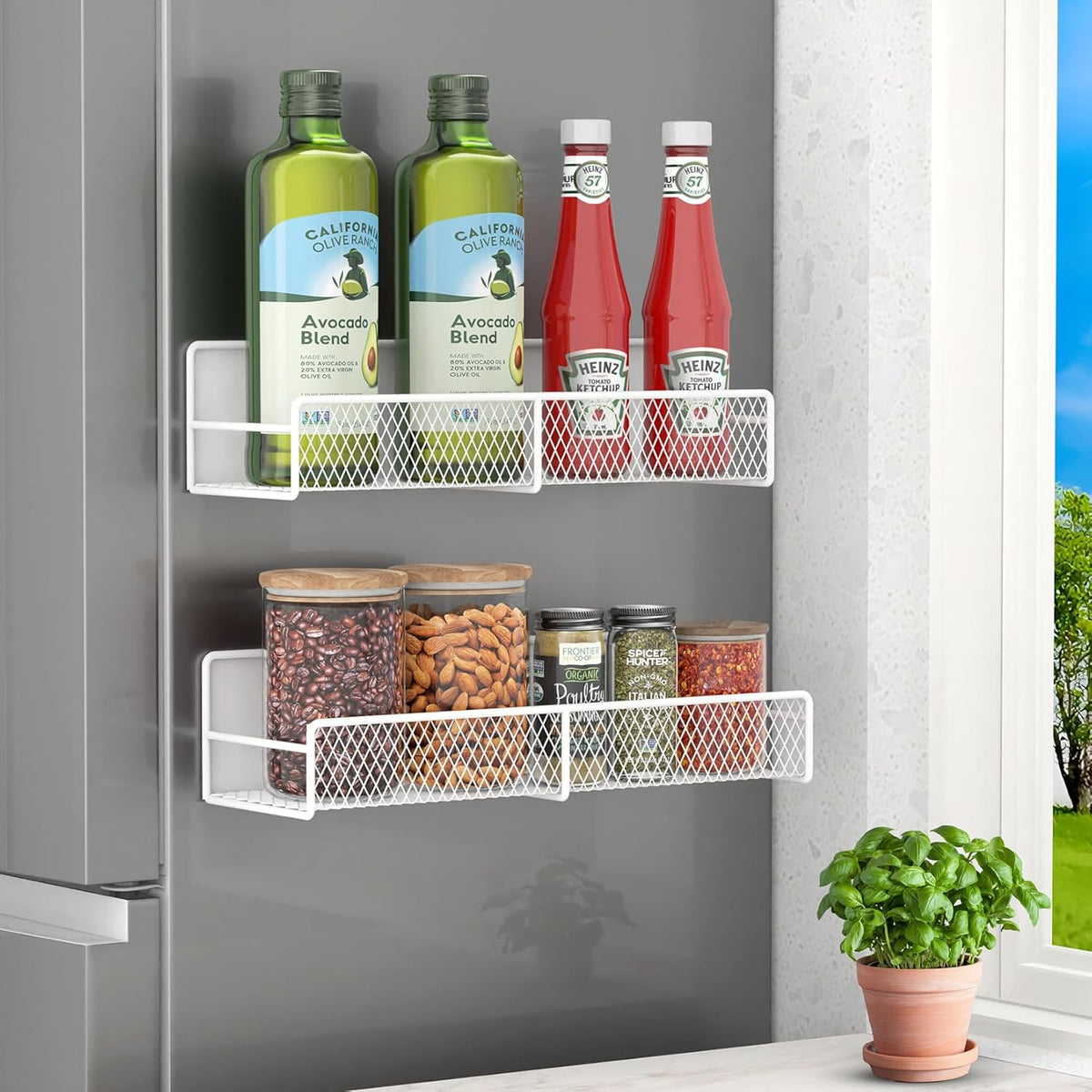 2 Pack Magnetic Spice Rack for Refrigerator, White Magnetic Shelf with 4 Removable Hooks, Rustproof