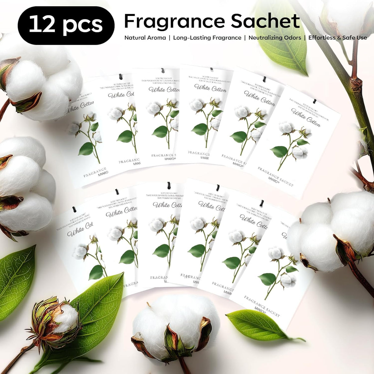 12 Packs Scent Sachets for Closet Clothes Storage - White Cotton Fragrance Long Lasting Home Air