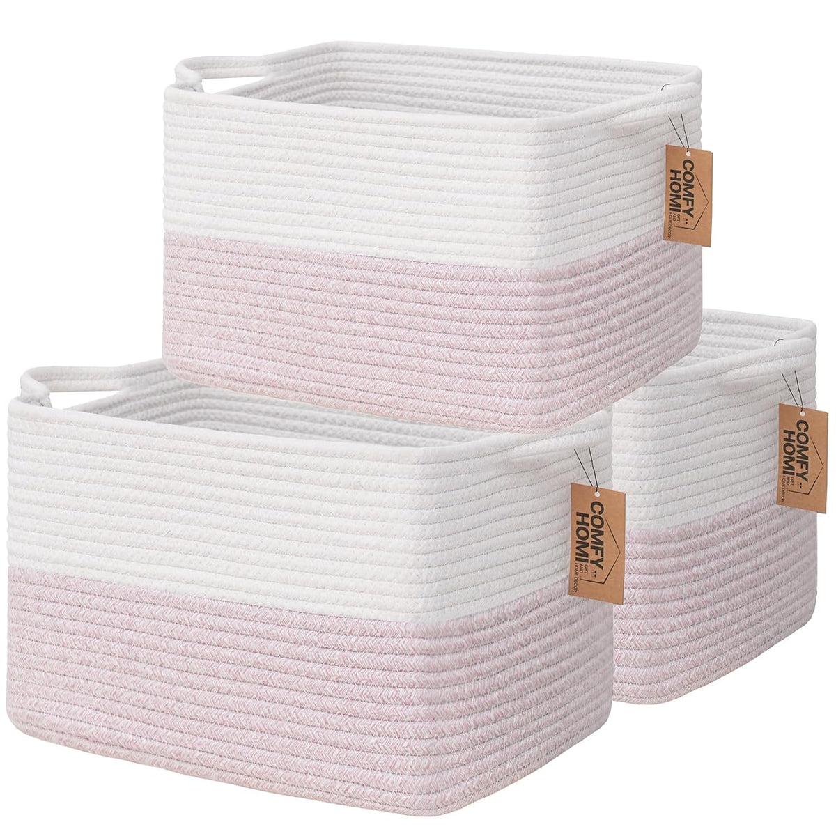 COMFY-HOMI 3PACK Cotton Rope Square baske with Handles for Shelves|Dog Toy baske Bin and