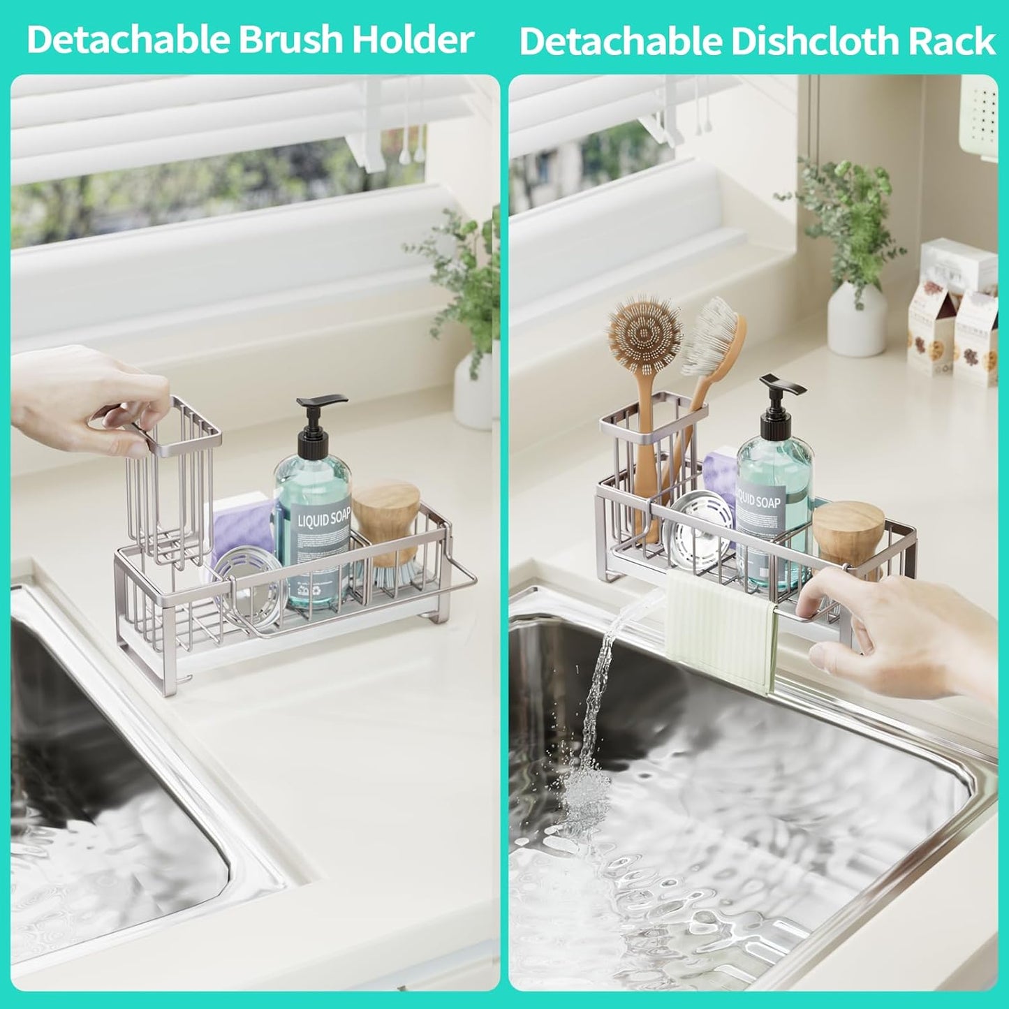 HapiRm Sponge Holder for Kitchen Sink - Self-draining Sink Caddy with Brush Holder and Dishcloth
