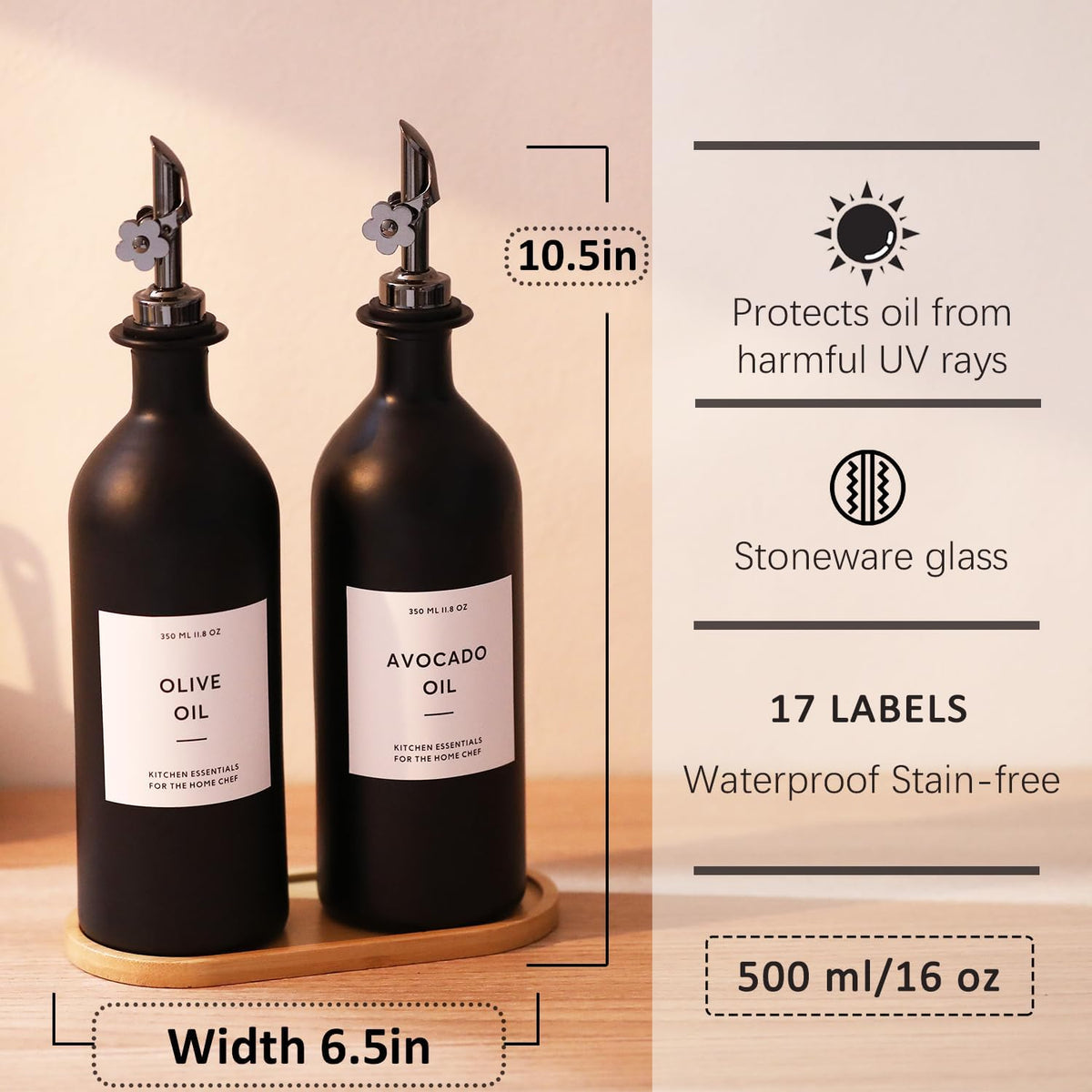 HOMCDALY Olive Oil Dispenser for Kitchen, 16oz Glass Oil Bottles with Bamboo Tray, Black